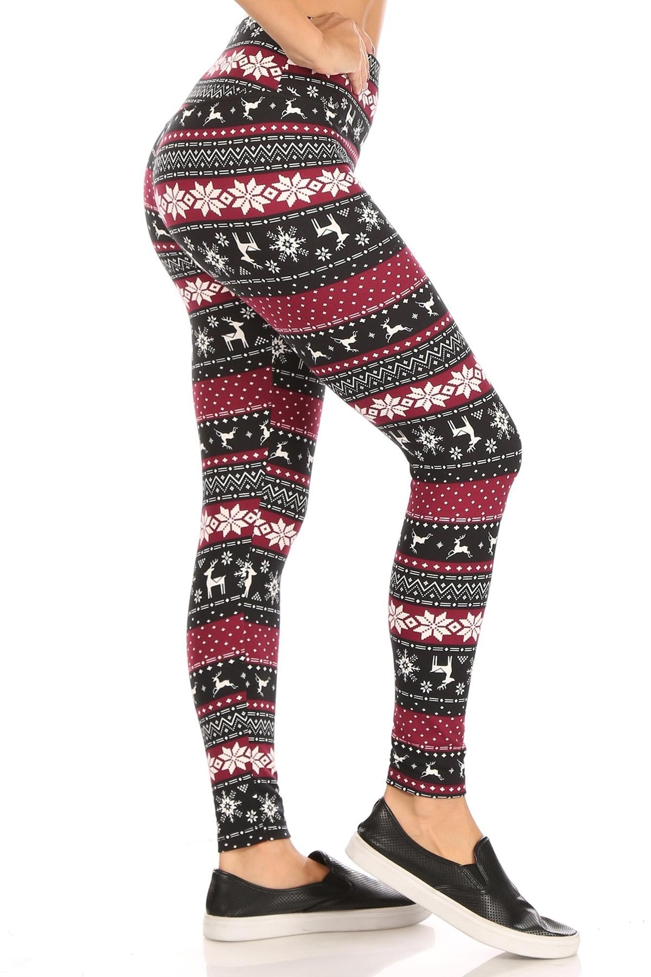 Wholesale Soft Fleece Beautiful Burgundy Reindeer and Snowflake Leggings