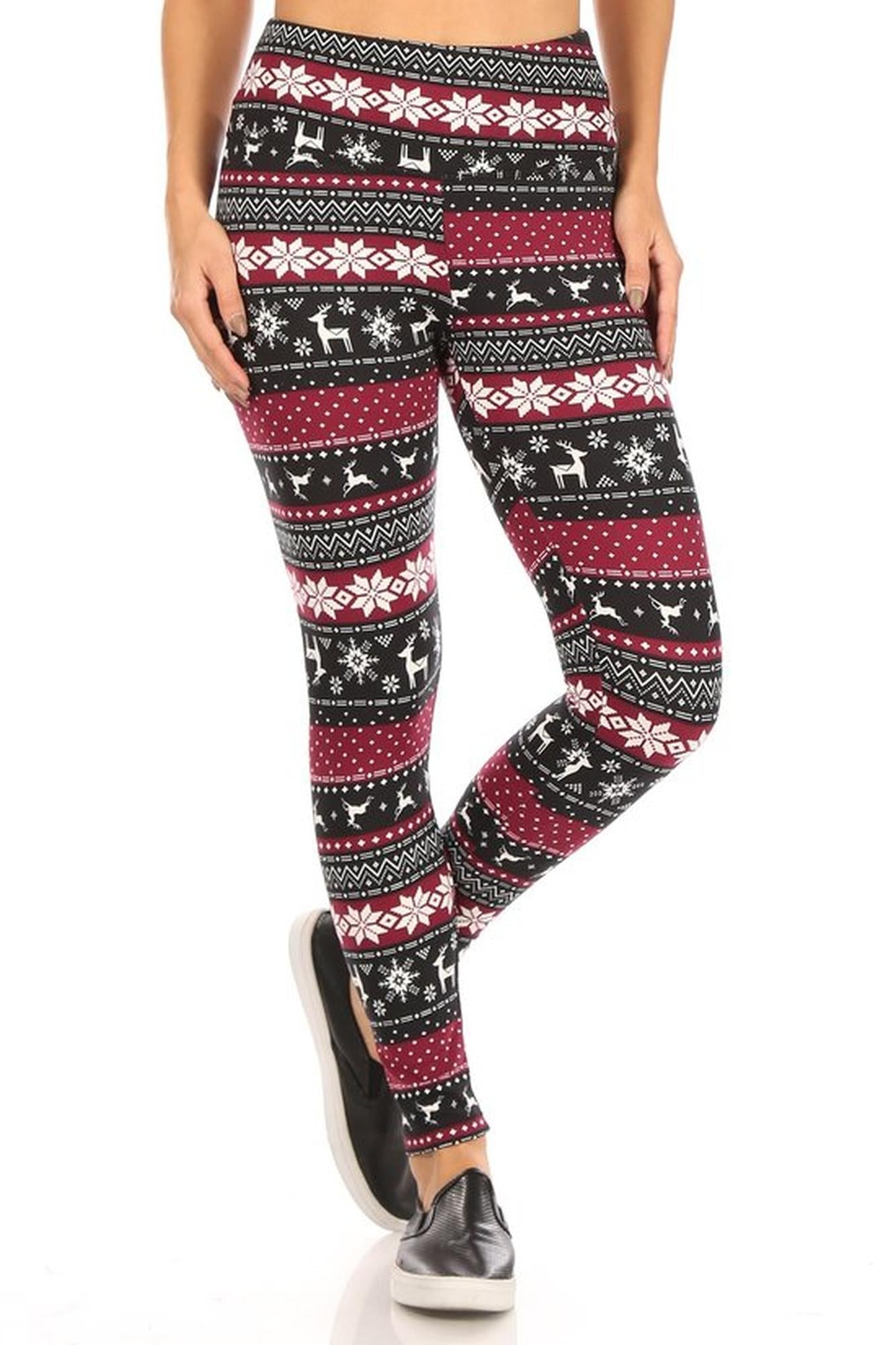 Wholesale Soft Fleece Beautiful Burgundy Reindeer and Snowflake Leggings