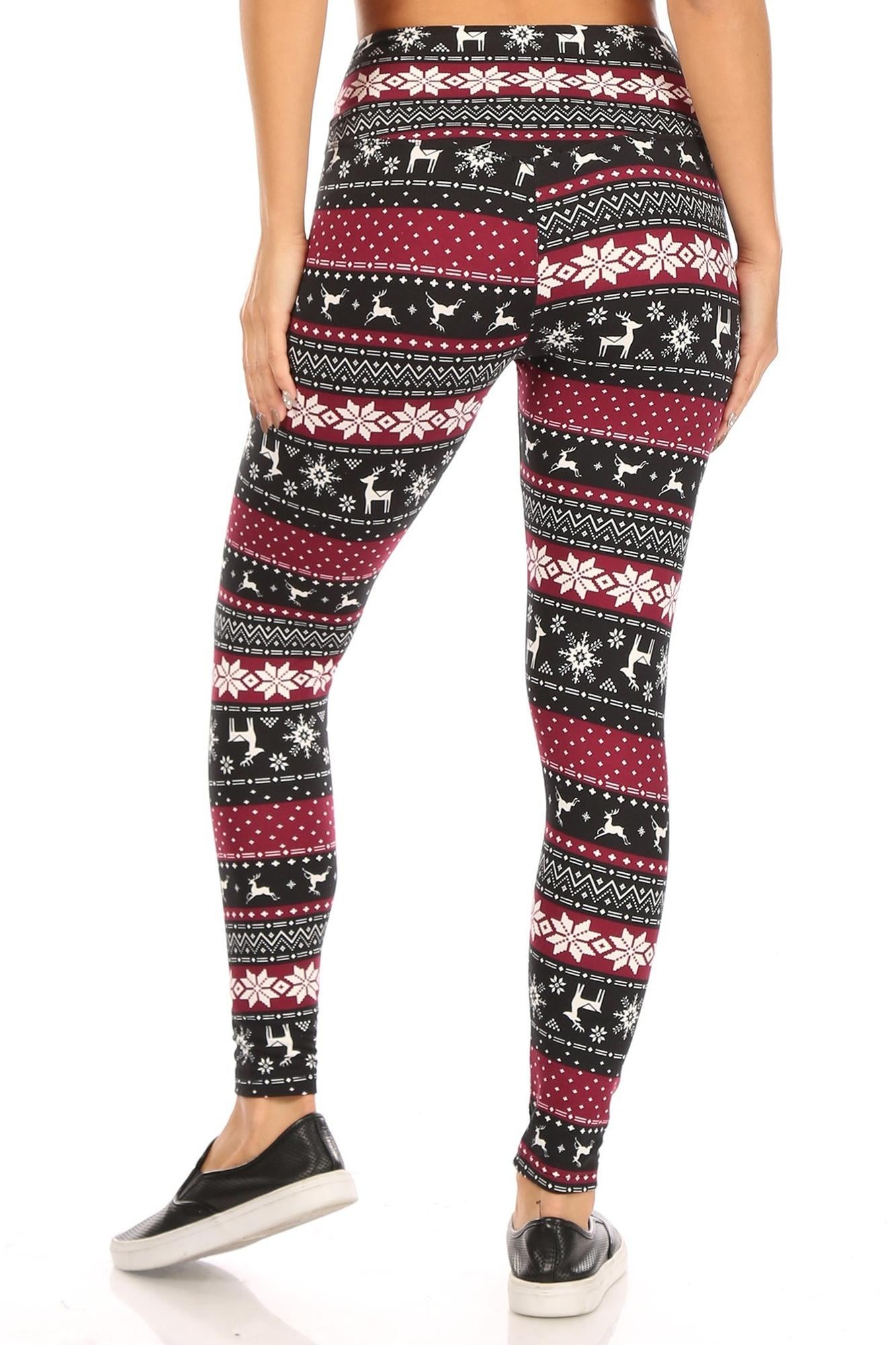 Wholesale Soft Fleece Beautiful Burgundy Reindeer and Snowflake Leggings