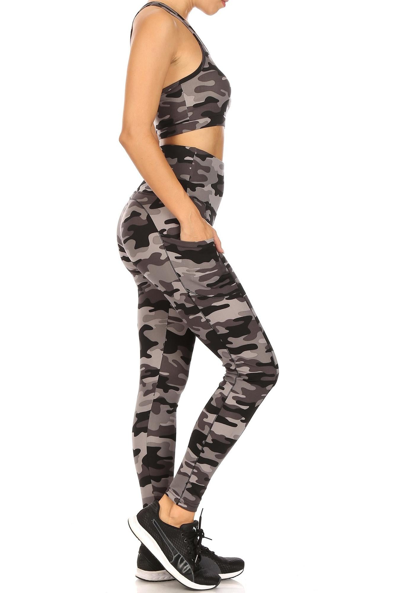 Wholesale 2 Piece Charcoal Camouflage Crop Top and Legging Set