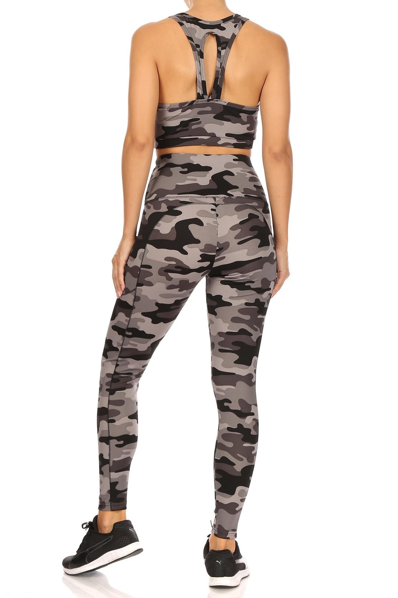 Wholesale 2 Piece Charcoal Camouflage Crop Top and Legging Set