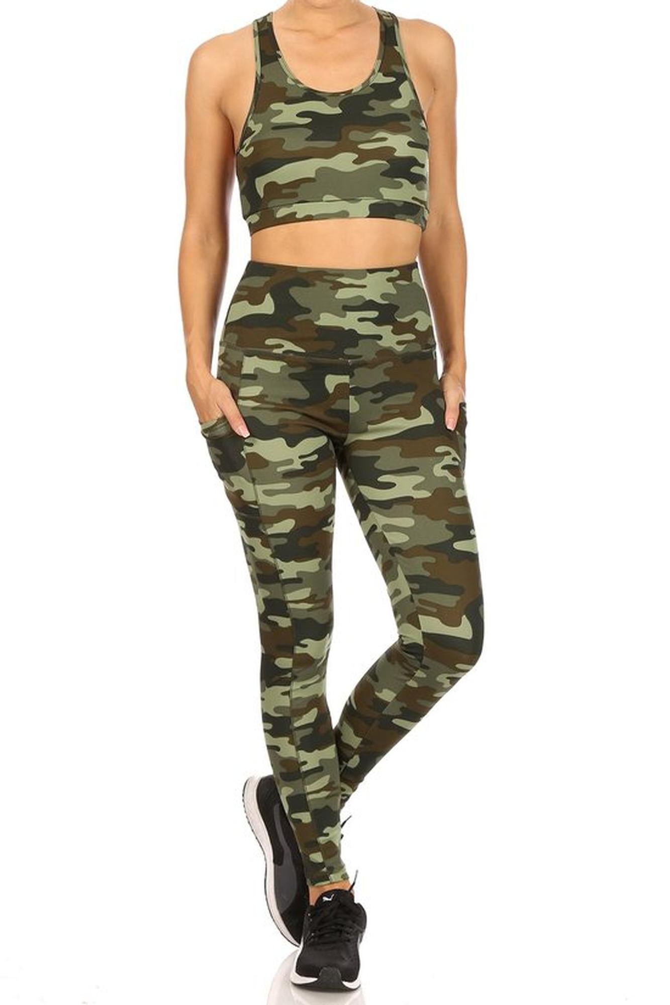 Wholesale 2 Piece Green Camouflage Crop Top and Legging Set