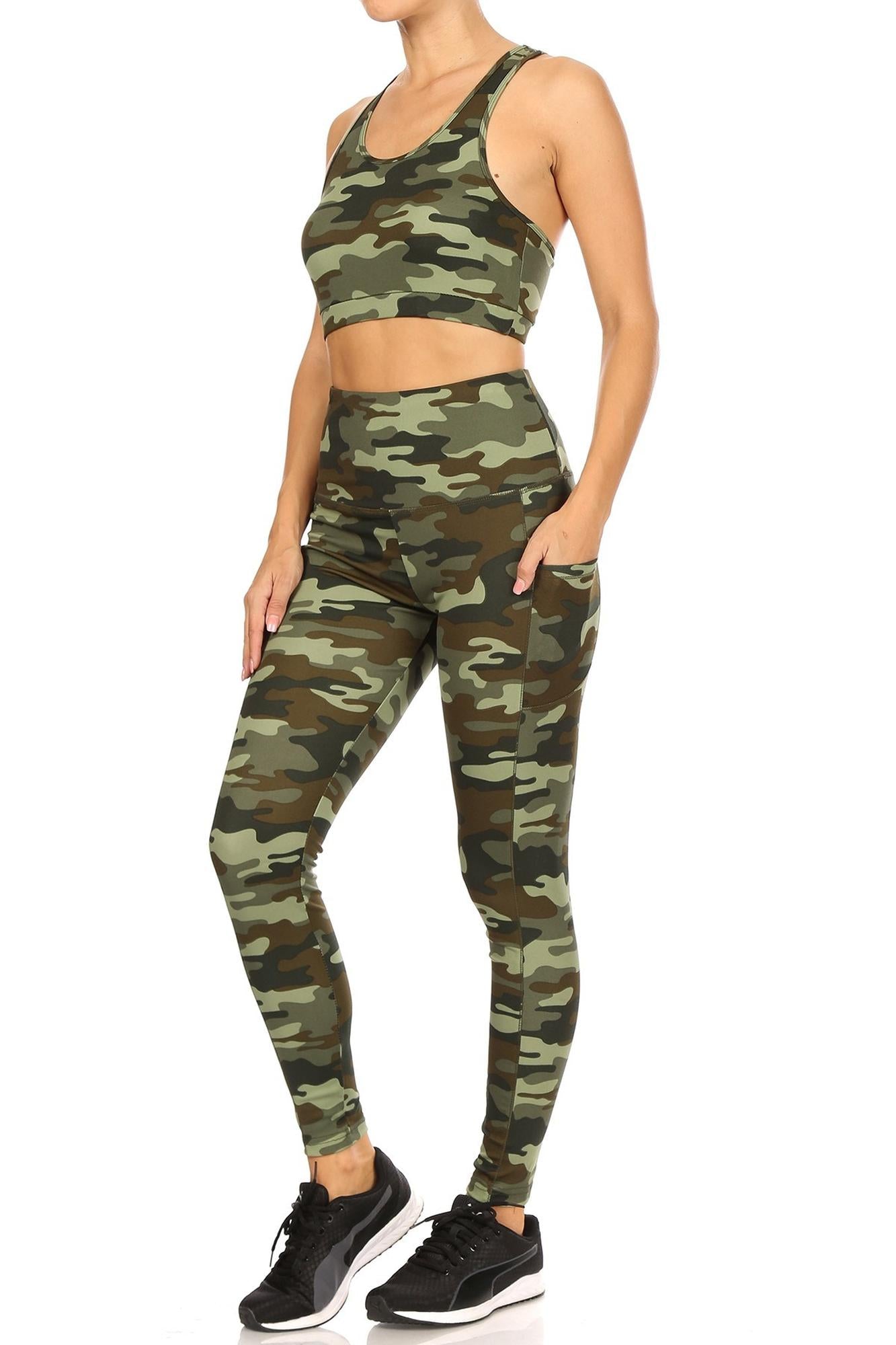 Wholesale 2 Piece Green Camouflage Crop Top and Legging Set
