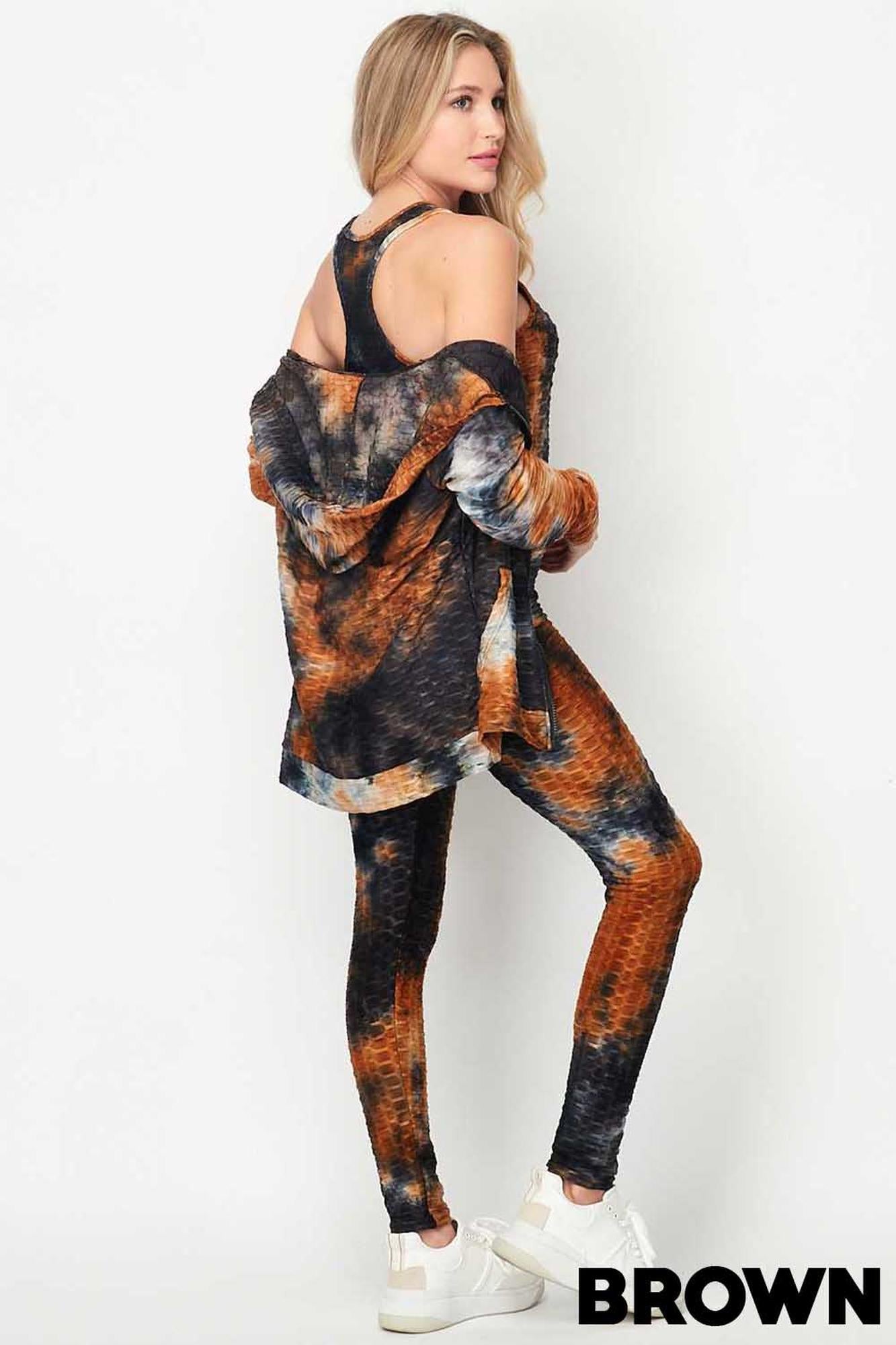 Wholesale Tie Dye 3 Piece Textured Scrunch Butt Leggings Tank Top and Hoodie Jacket Set