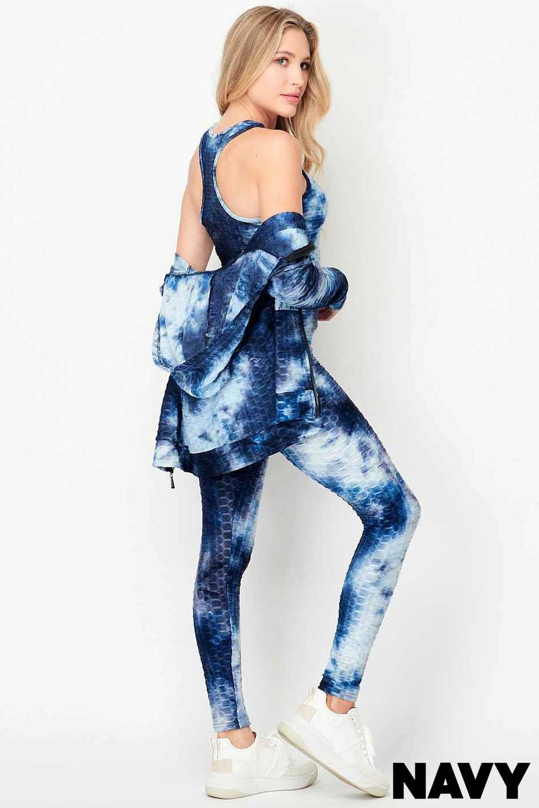 Wholesale Tie Dye 3 Piece Textured Scrunch Butt Leggings Tank Top and Hoodie Jacket Set