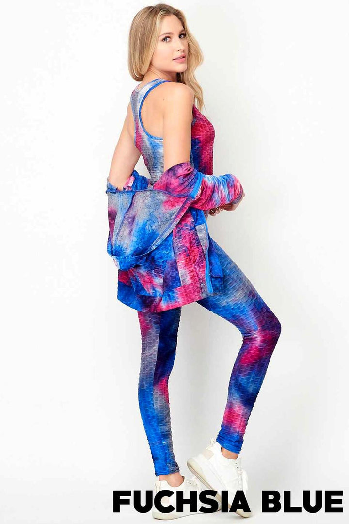 Wholesale Tie Dye 3 Piece Textured Scrunch Butt Leggings Tank Top and Hoodie Jacket Set