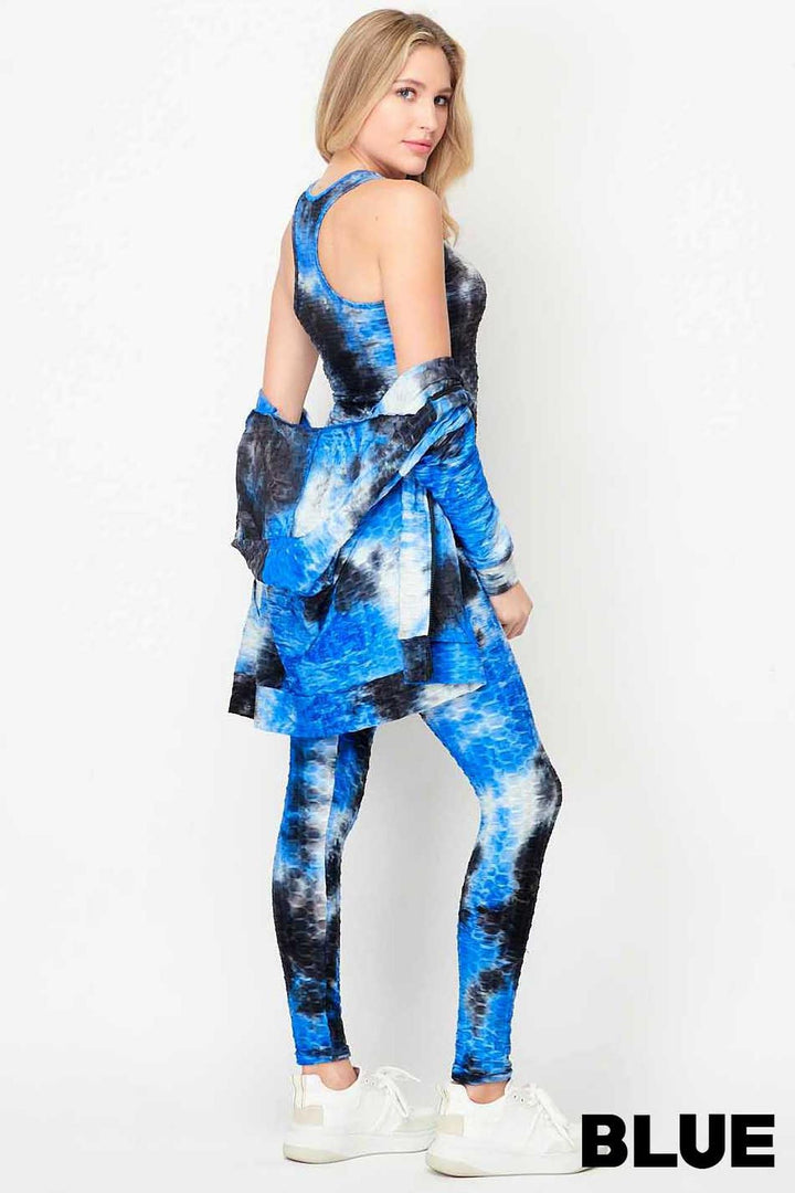 Wholesale Tie Dye 3 Piece Textured Scrunch Butt Leggings Tank Top and Hoodie Jacket Set