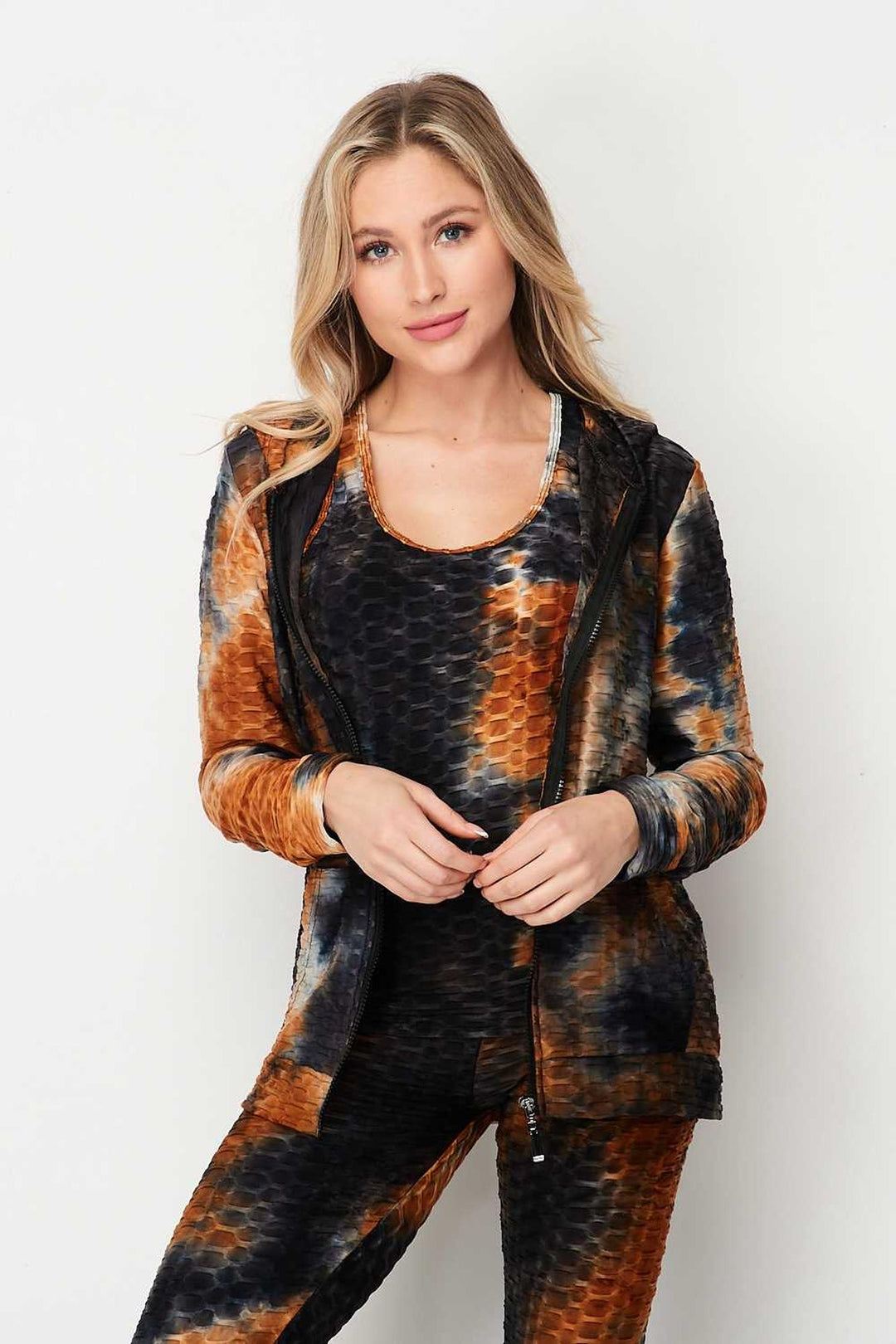 Wholesale Tie Dye 3 Piece Textured Scrunch Butt Leggings Tank Top and Hoodie Jacket Set