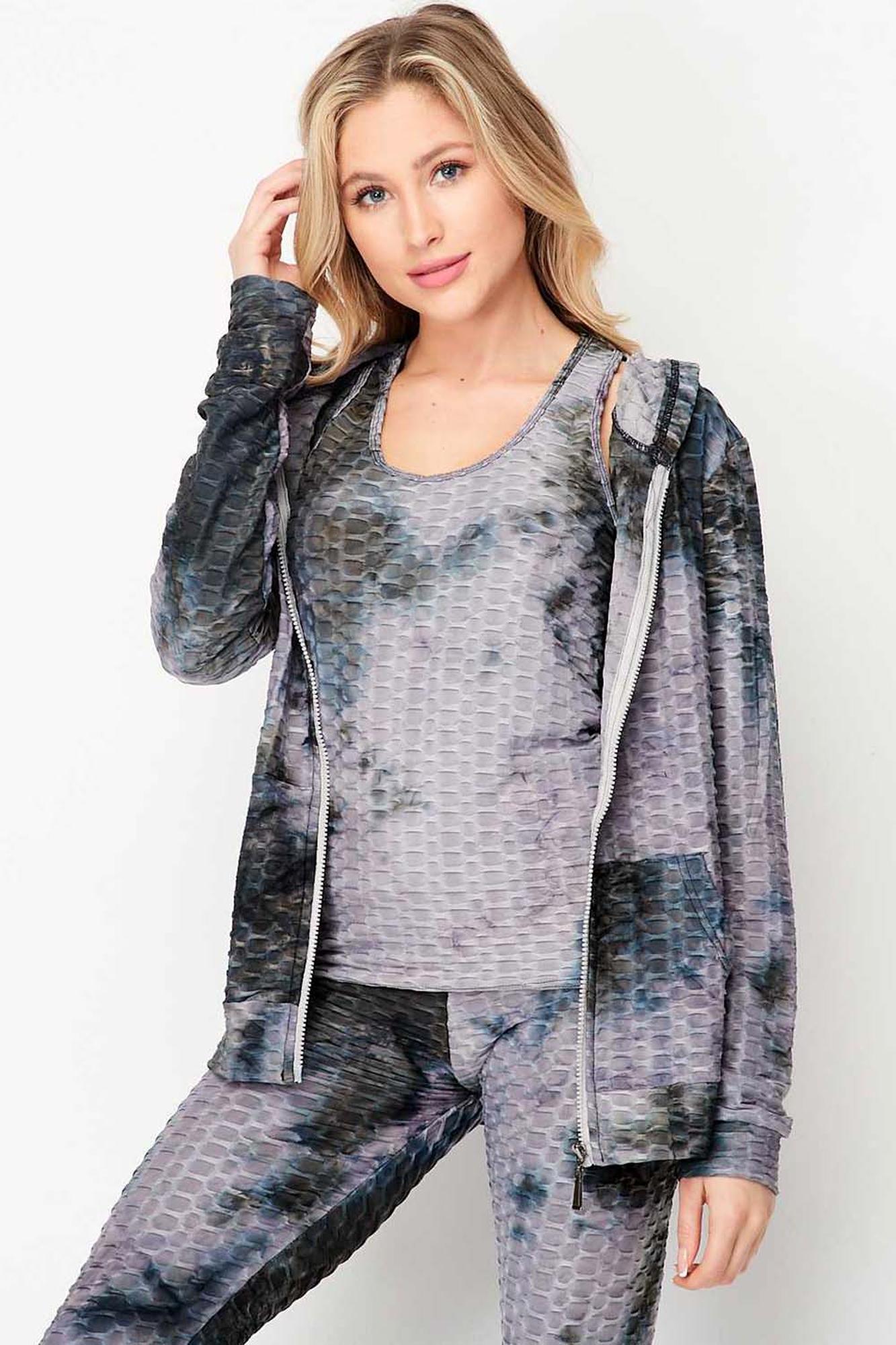 Wholesale Tie Dye 3 Piece Textured Scrunch Butt Leggings Tank Top and Hoodie Jacket Set