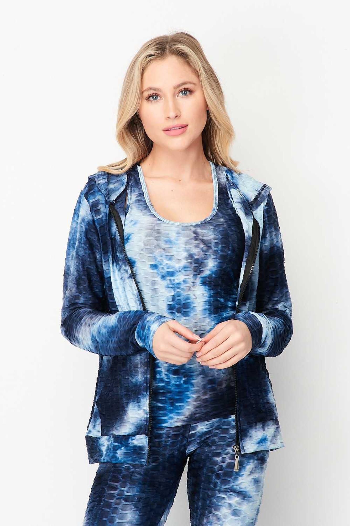 Wholesale Tie Dye 3 Piece Textured Scrunch Butt Leggings Tank Top and Hoodie Jacket Set