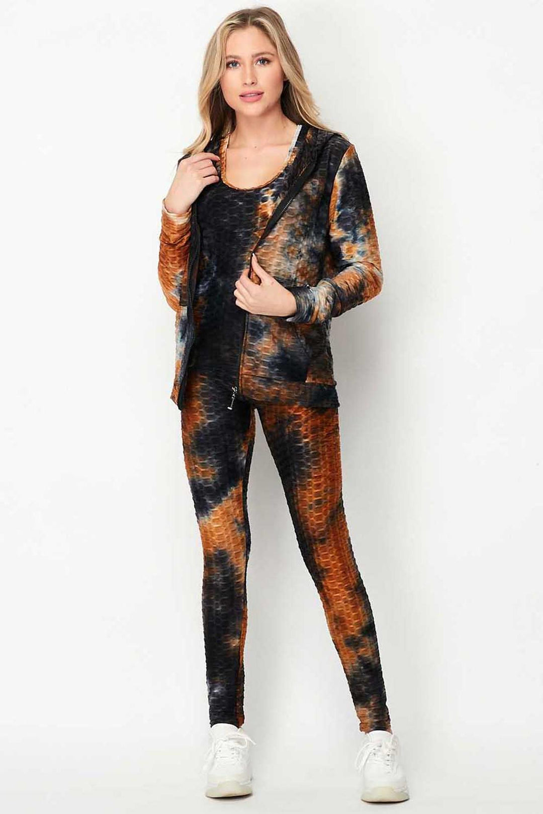 Wholesale Tie Dye 3 Piece Textured Scrunch Butt Leggings Tank Top and Hoodie Jacket Set