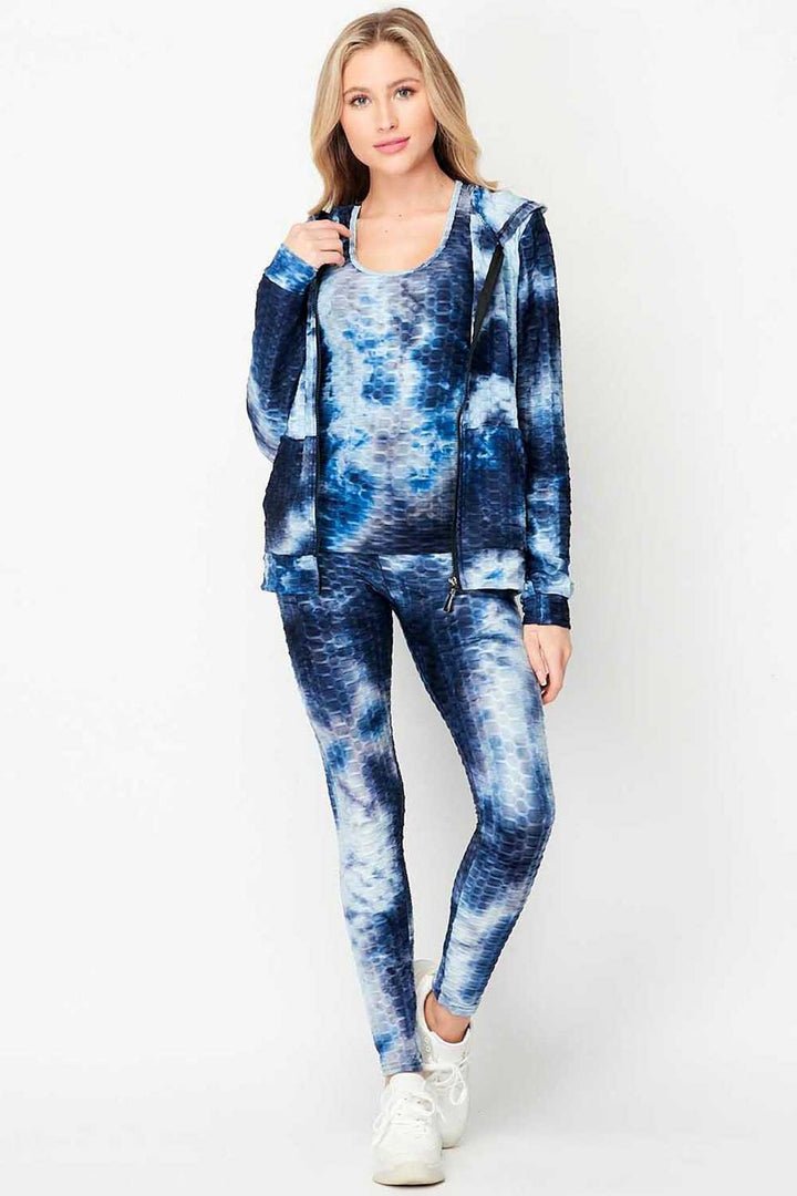 Wholesale Tie Dye 3 Piece Textured Scrunch Butt Leggings Tank Top and Hoodie Jacket Set