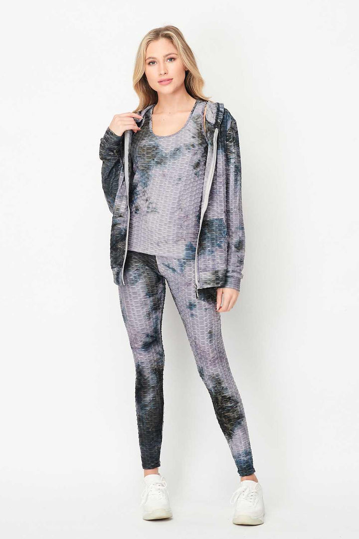 Wholesale Tie Dye 3 Piece Textured Scrunch Butt Leggings Tank Top and Hoodie Jacket Set