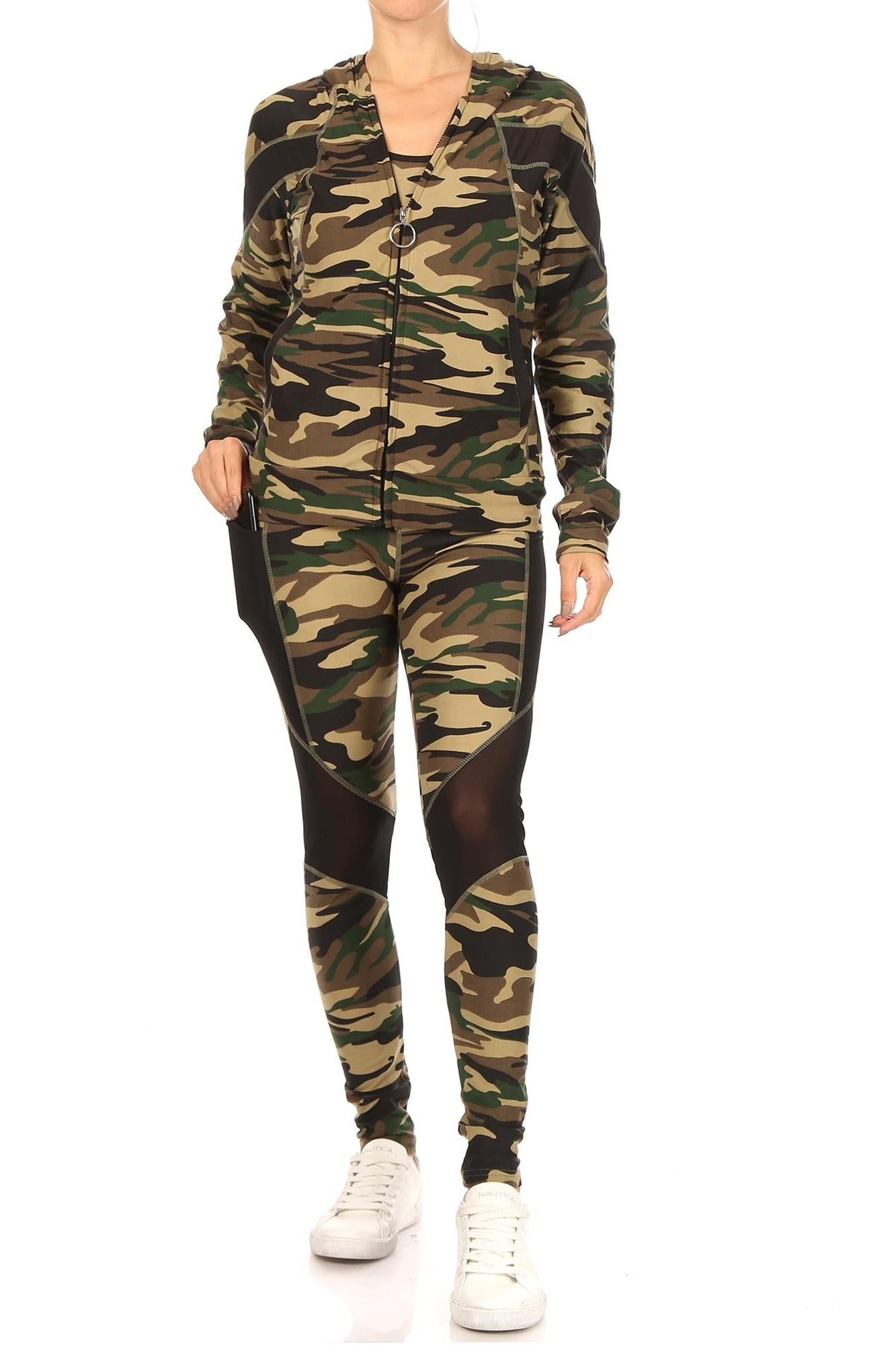 Wholesale 3 Piece Green Camouflage Mesh Mix Leggings Tank Top and Hooded Jacket Set