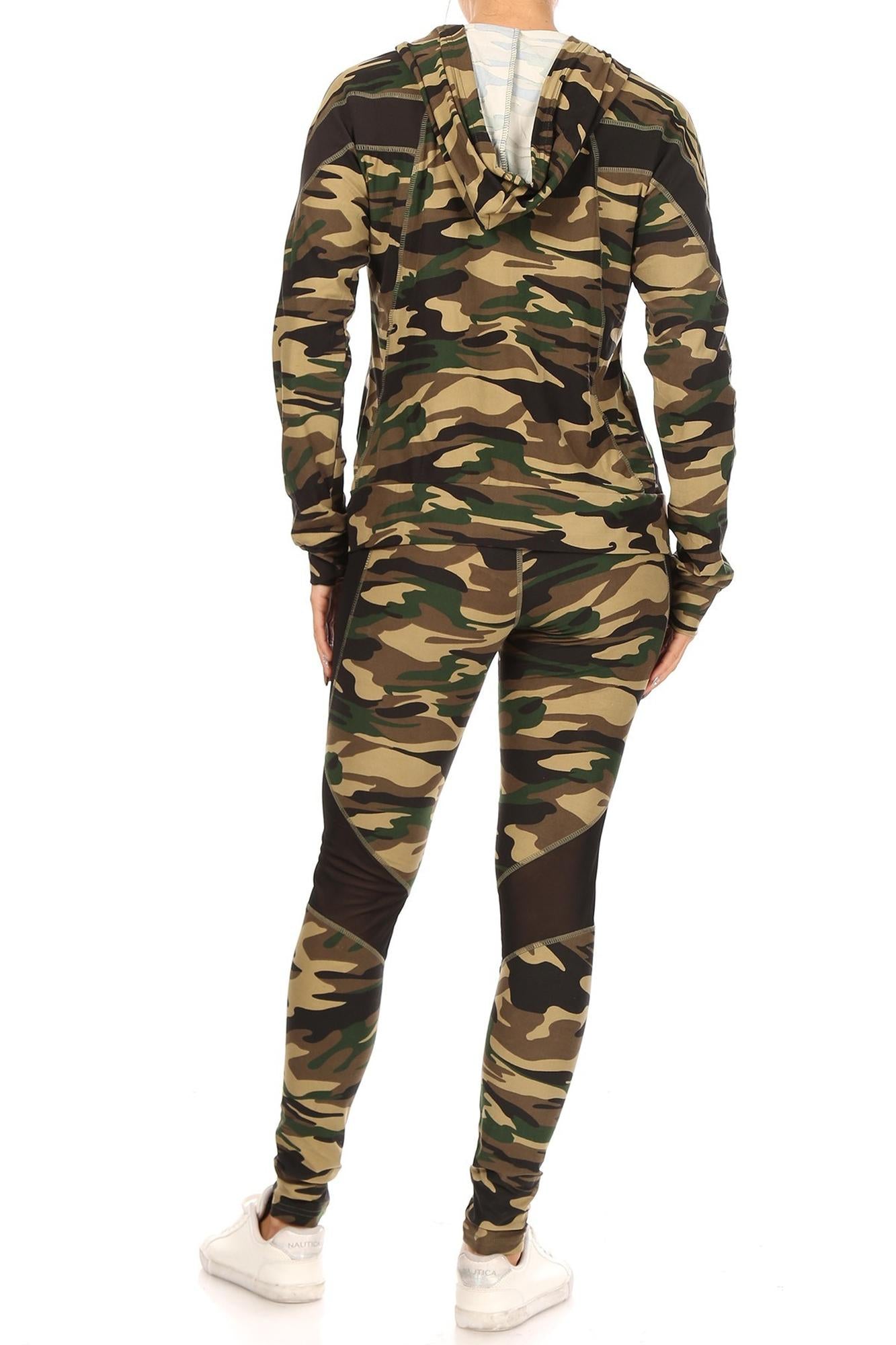 Wholesale 3 Piece Green Camouflage Mesh Mix Leggings Tank Top and Hooded Jacket Set