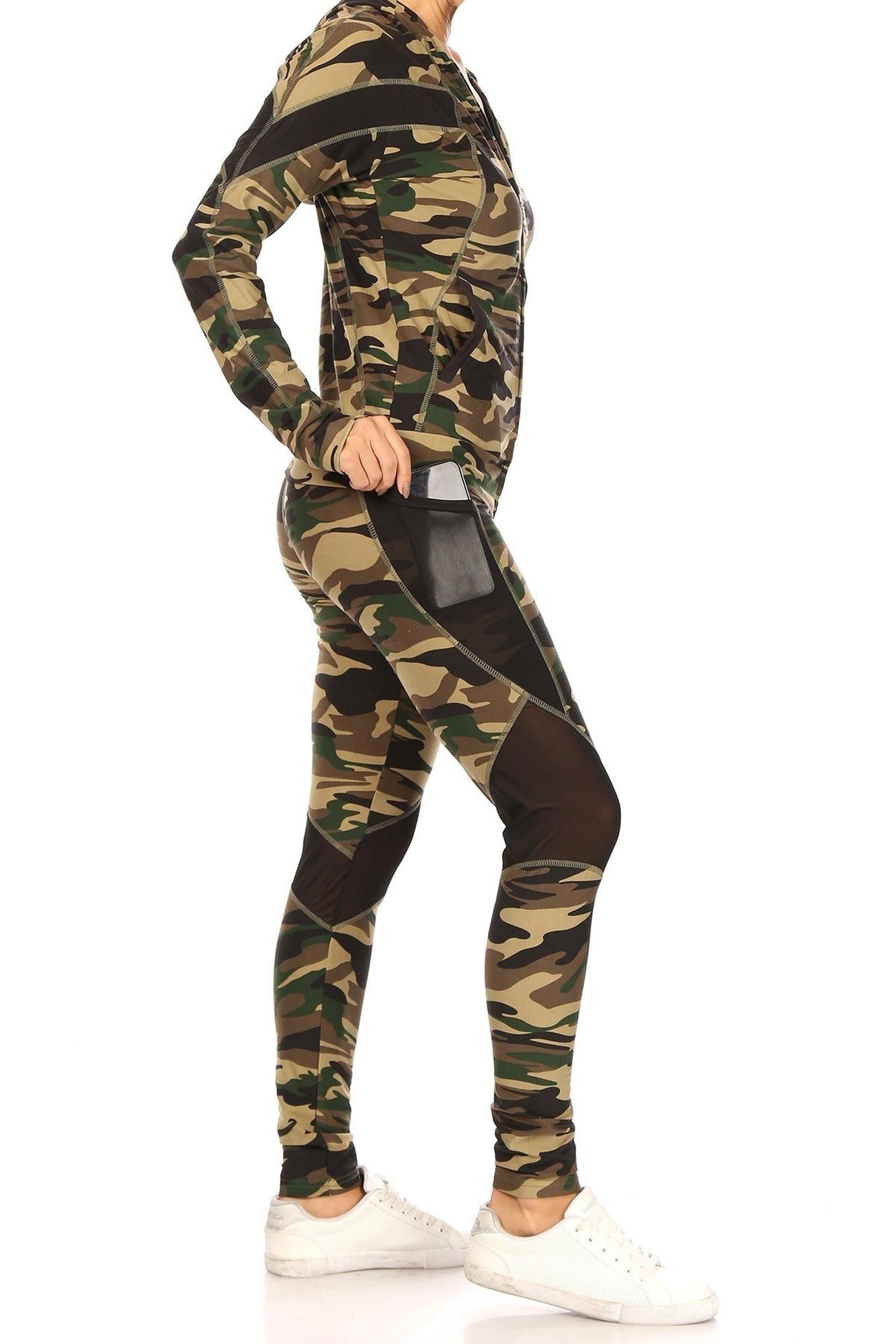 Wholesale 3 Piece Green Camouflage Mesh Mix Leggings Tank Top and Hooded Jacket Set