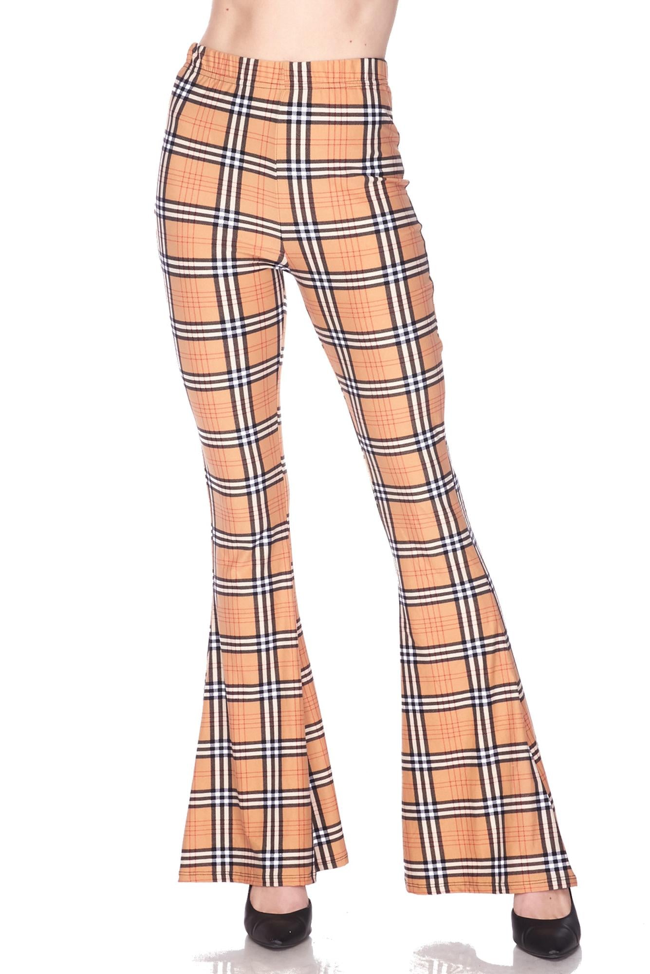 Wholesale Buttery Smooth Carmel Plaid Bell Bottom Leggings