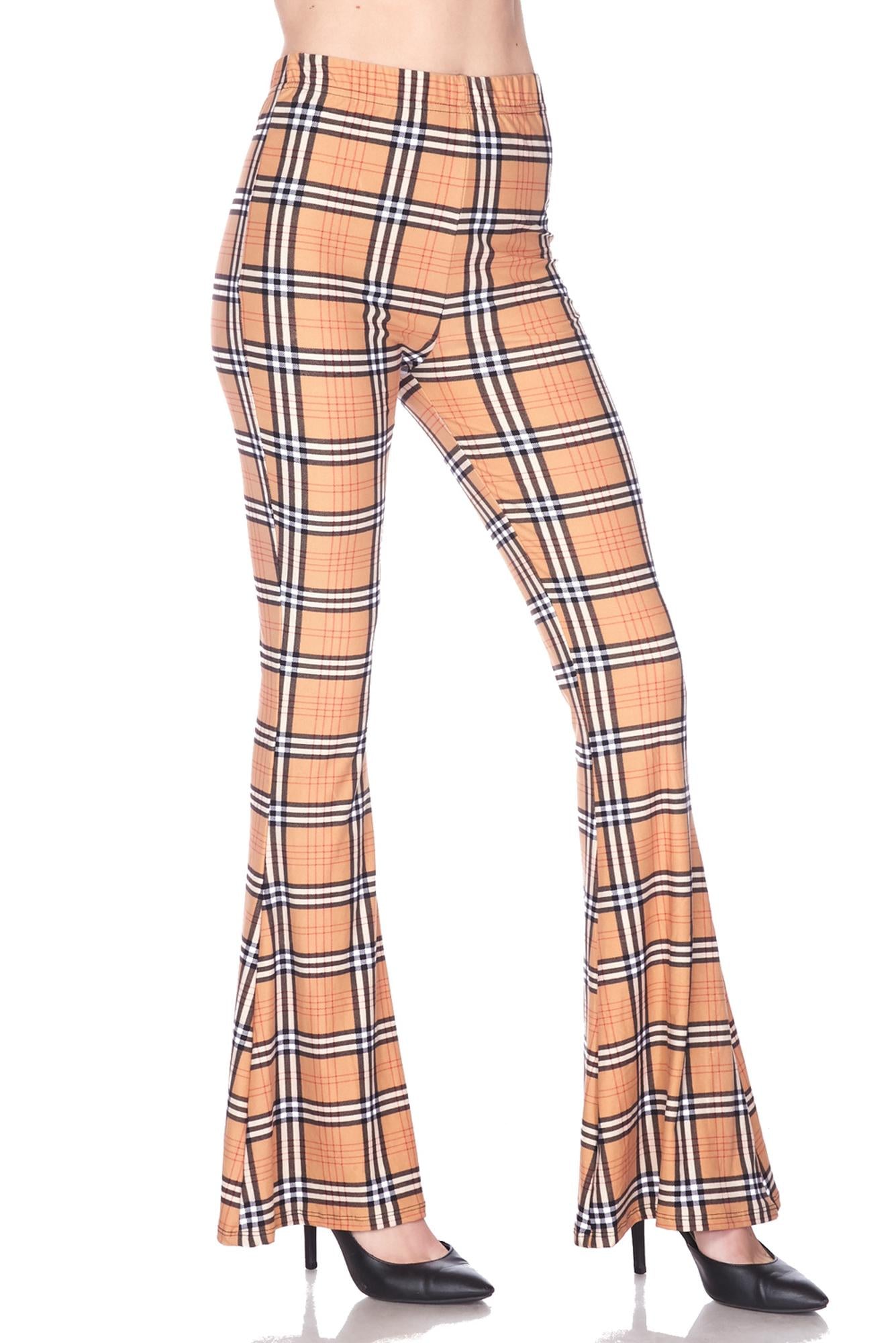 Wholesale Buttery Smooth Carmel Plaid Bell Bottom Leggings