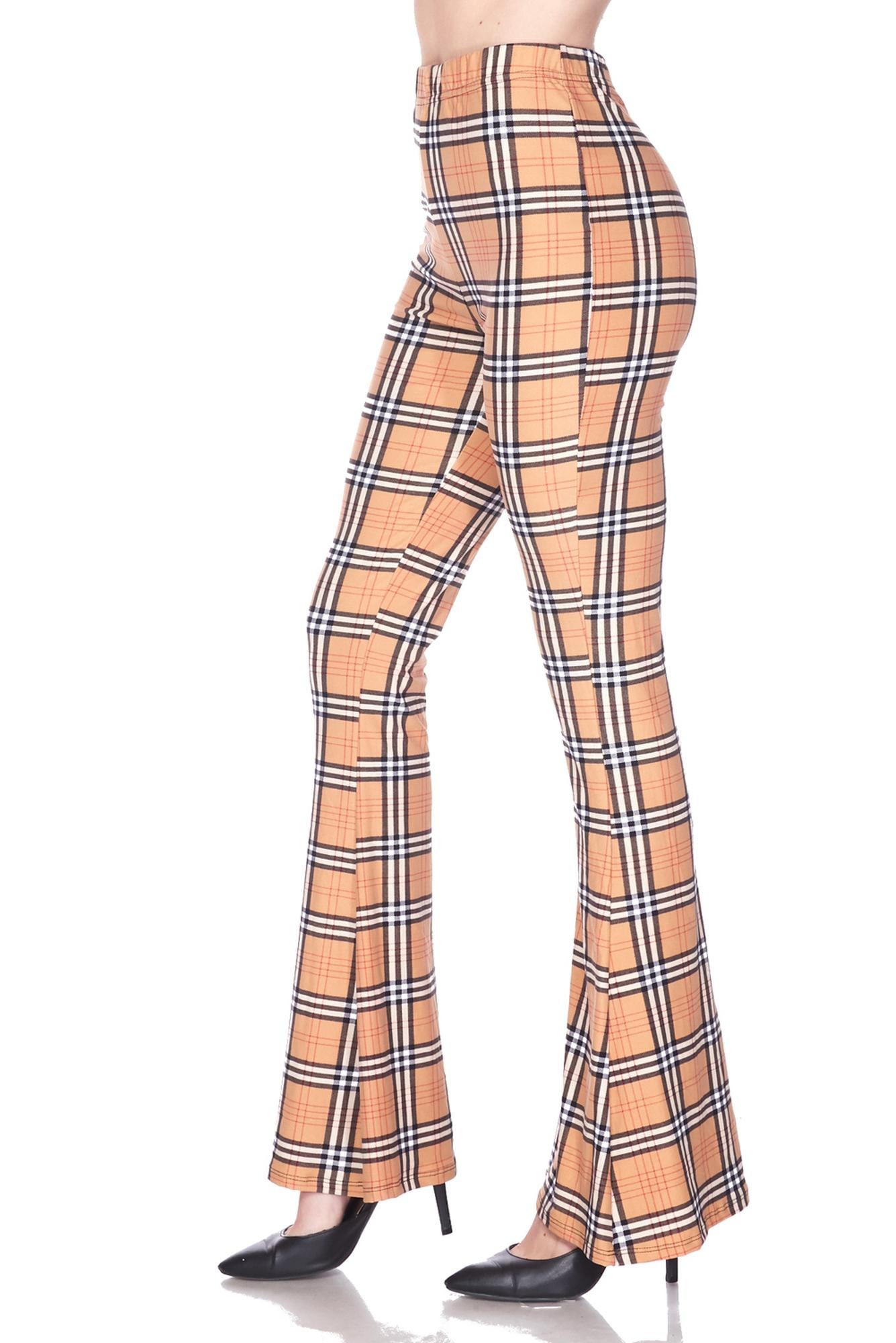 Wholesale Buttery Smooth Carmel Plaid Bell Bottom Leggings