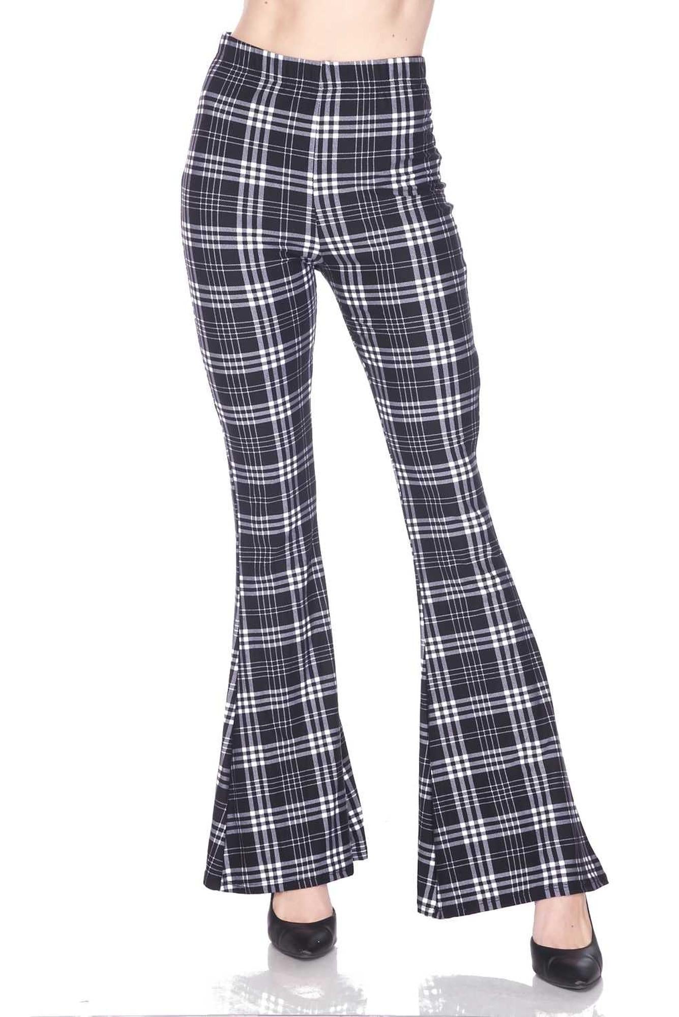 Wholesale Buttery Smooth Traditional Black and White Plaid Bell Bottom Leggings