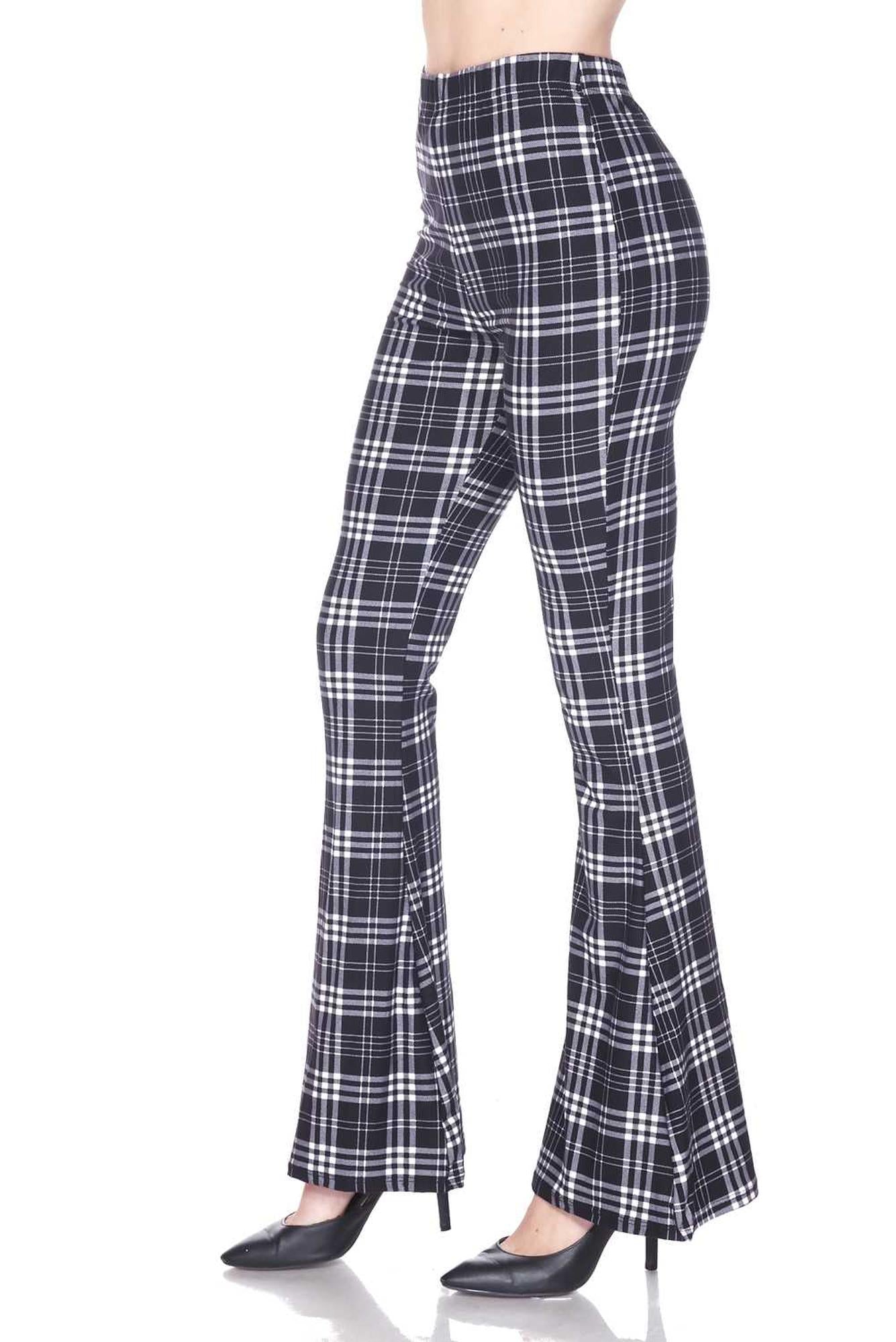 Wholesale Buttery Smooth Traditional Black and White Plaid Bell Bottom Leggings
