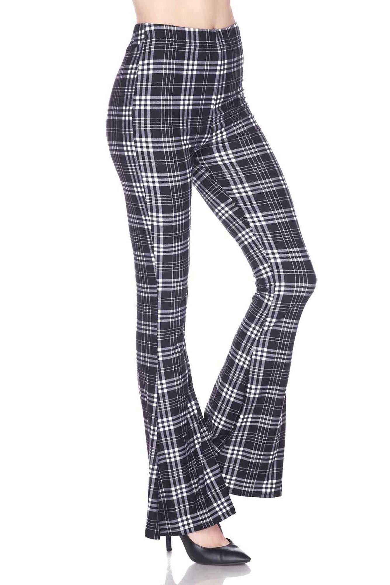 Wholesale Buttery Smooth Traditional Black and White Plaid Bell Bottom Leggings