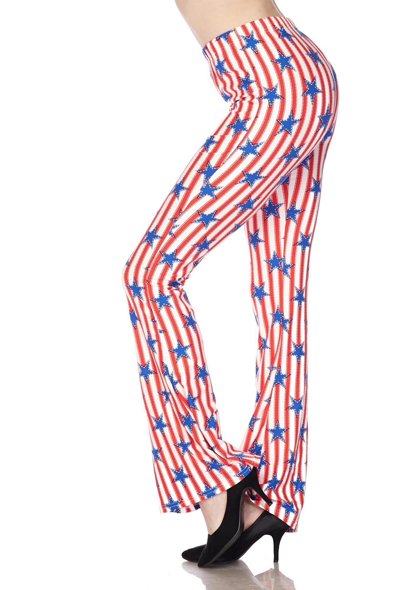 Wholesale Buttery Smooth Vertical Stars on Stripes Bell Bottom Leggings