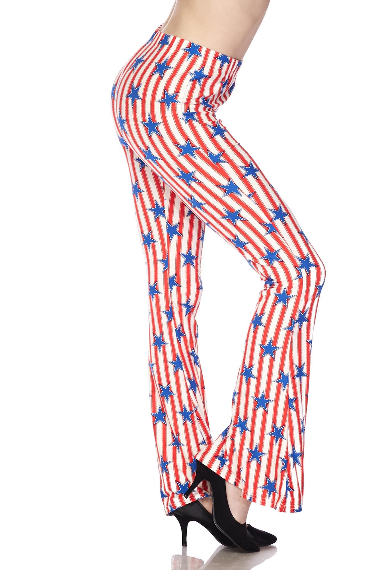 Wholesale Buttery Smooth Vertical Stars on Stripes Bell Bottom Leggings