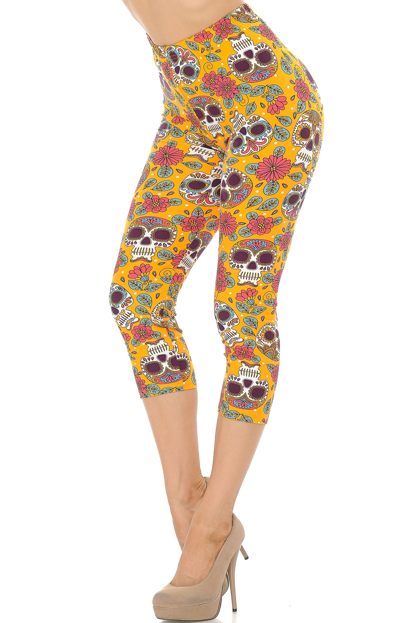 Wholesale Buttery Smooth Mustard Summer Sugar Skull Capris