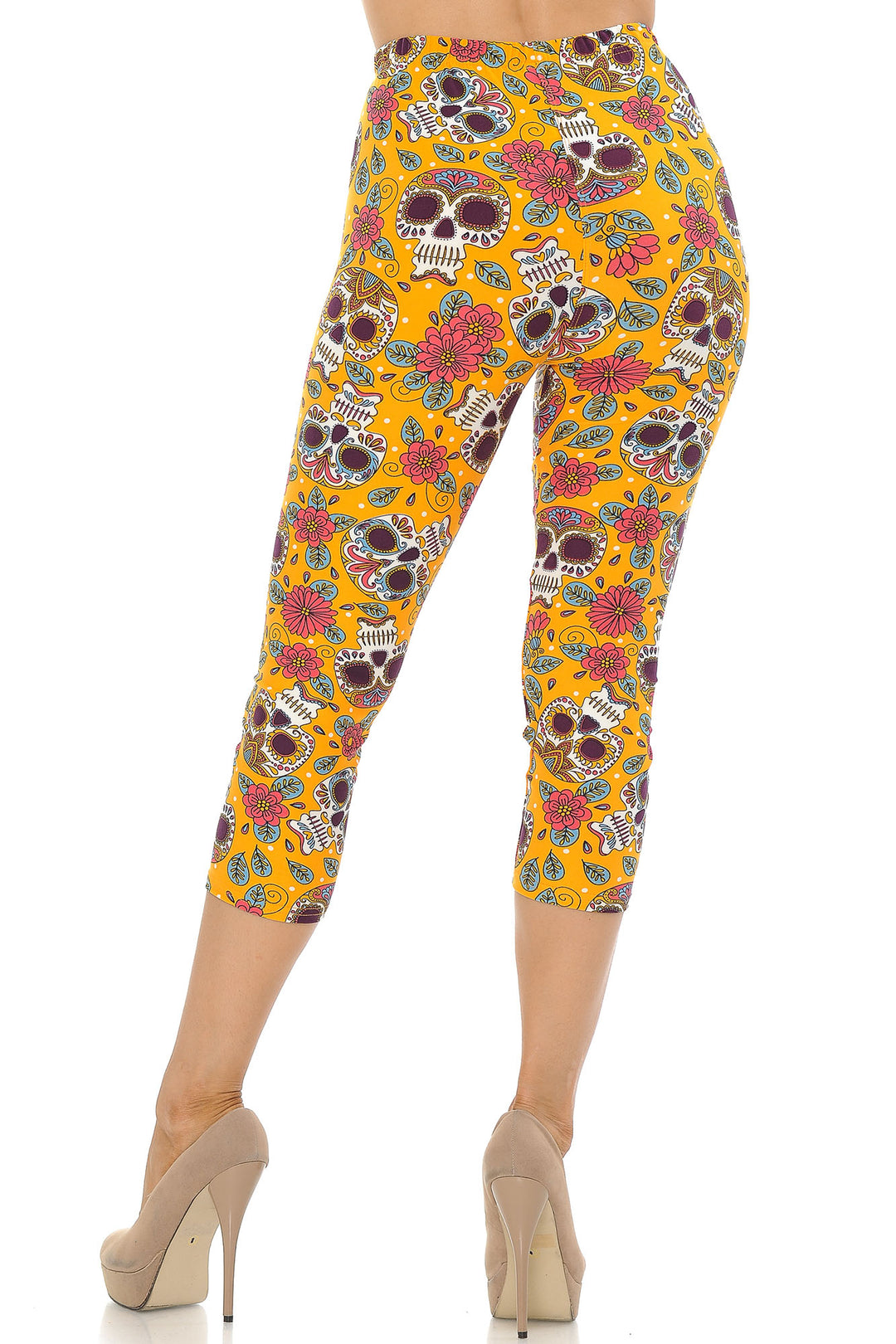 Wholesale Buttery Smooth Mustard Summer Sugar Skull Capris