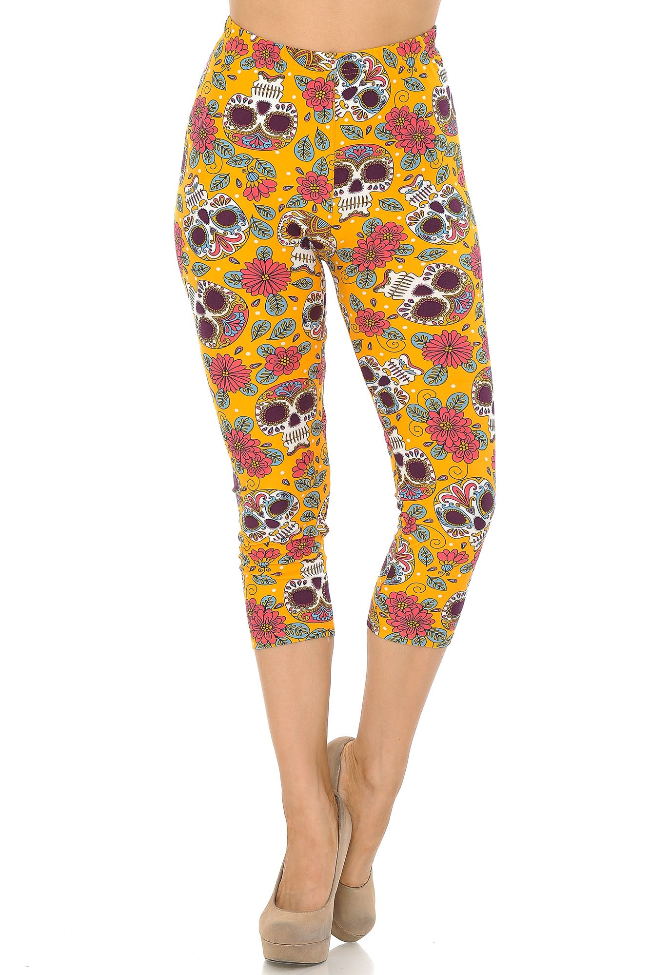 Wholesale Buttery Smooth Mustard Summer Sugar Skull Capris