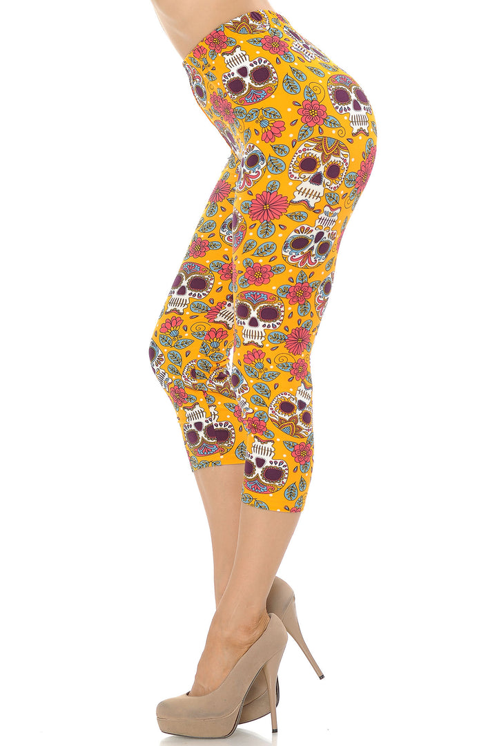 Wholesale Buttery Smooth Mustard Summer Sugar Skull Capris