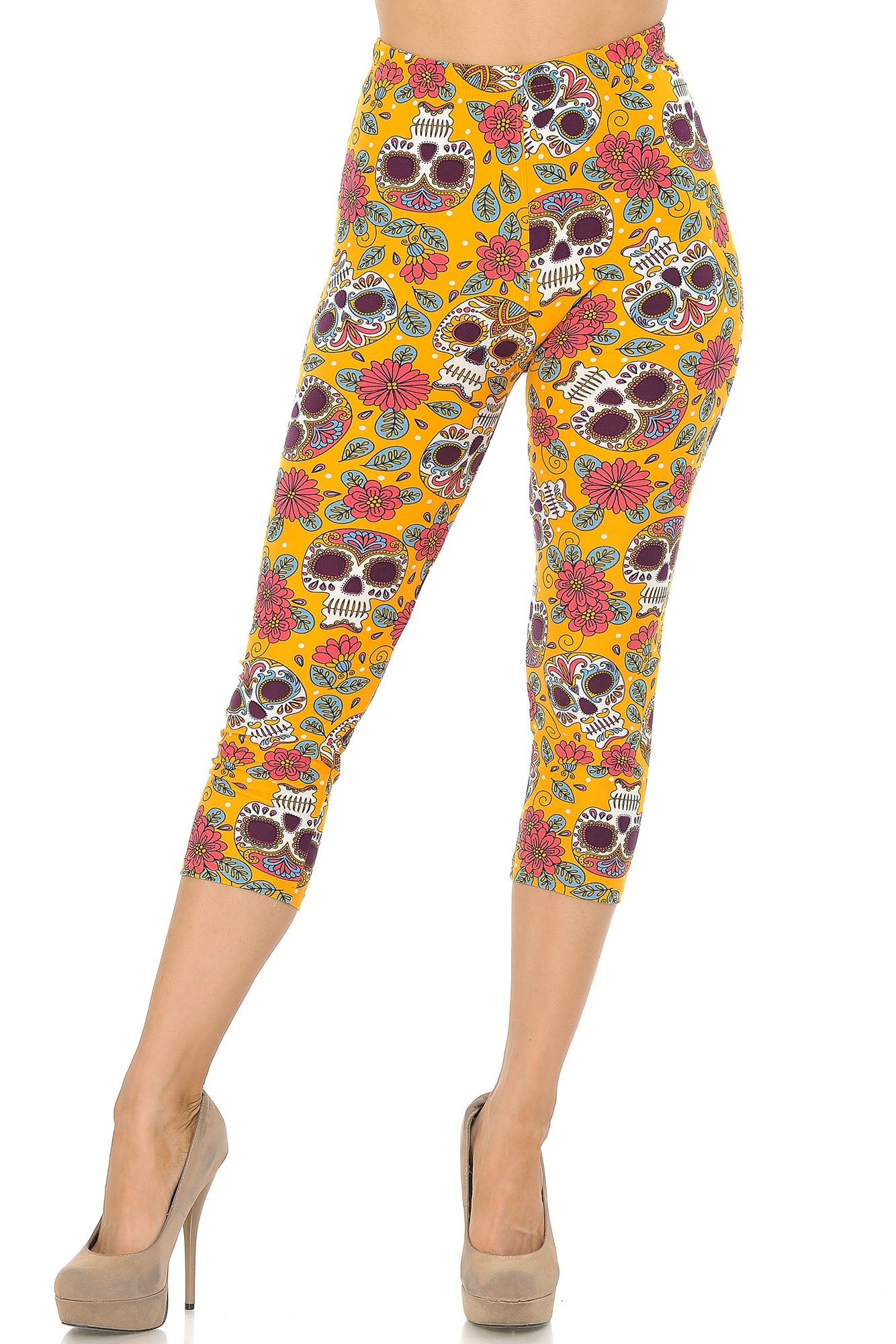 Wholesale Buttery Smooth Mustard Summer Sugar Skull Capris
