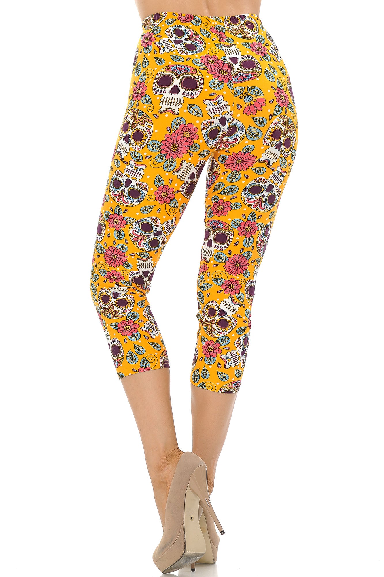 Wholesale Buttery Smooth Mustard Summer Sugar Skull Capris