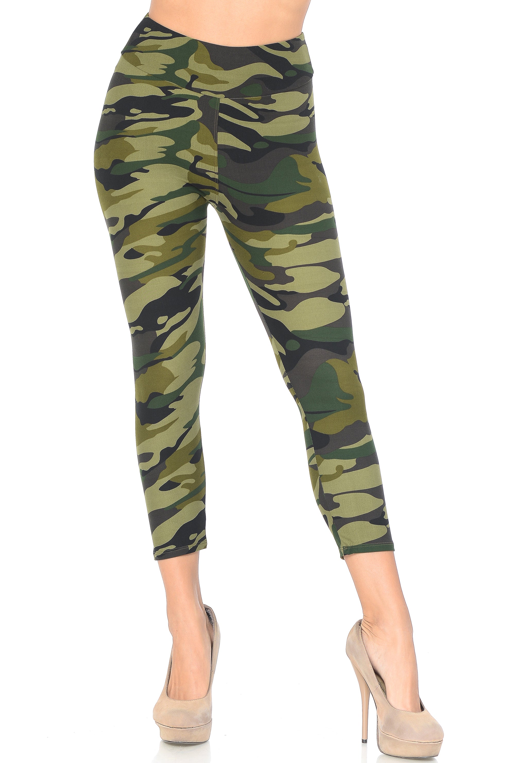 Wholesale Buttery Smooth Green Camouflage High Waisted Capri - EEVEE
