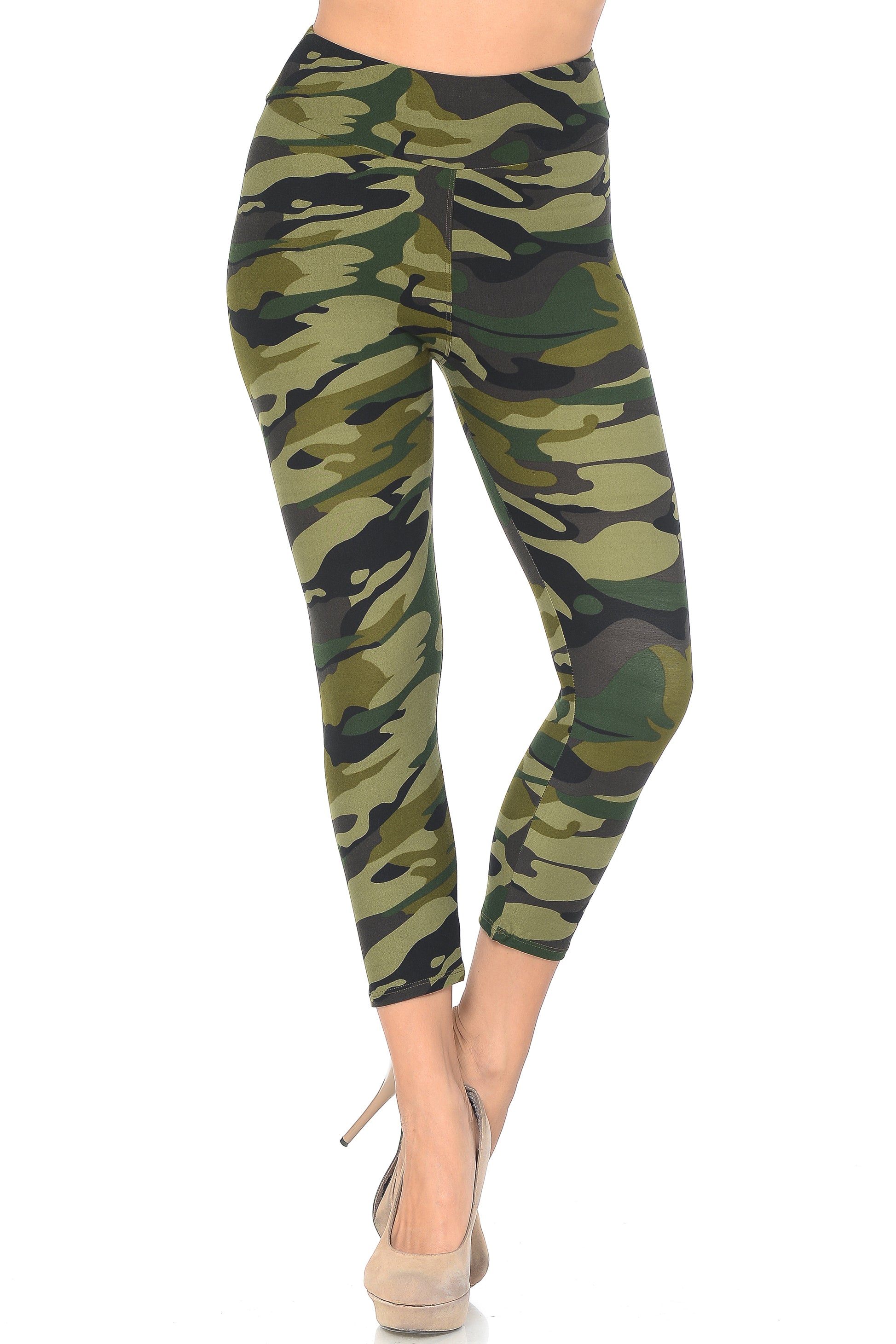 Wholesale Buttery Smooth Green Camouflage High Waisted Capri - EEVEE