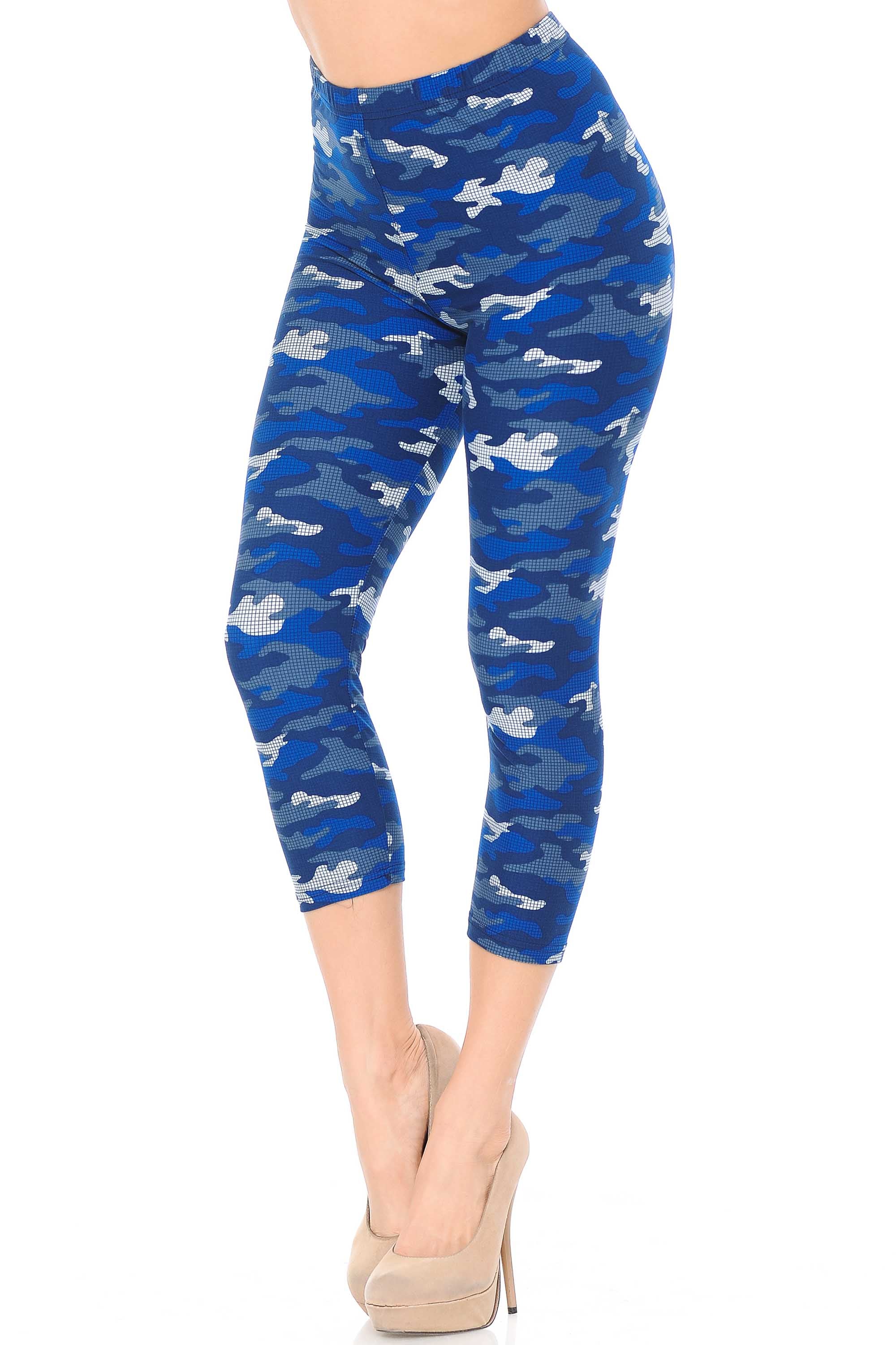 Wholesale Buttery Smooth Blue Grid Camouflage Capris