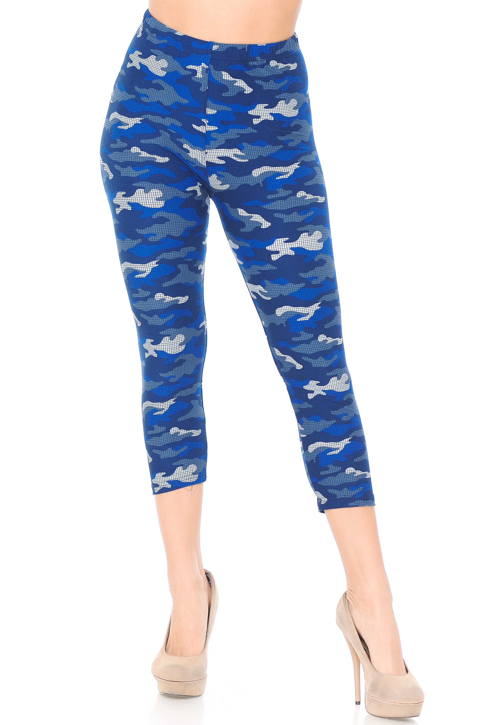 Wholesale Buttery Smooth Blue Grid Camouflage Capris