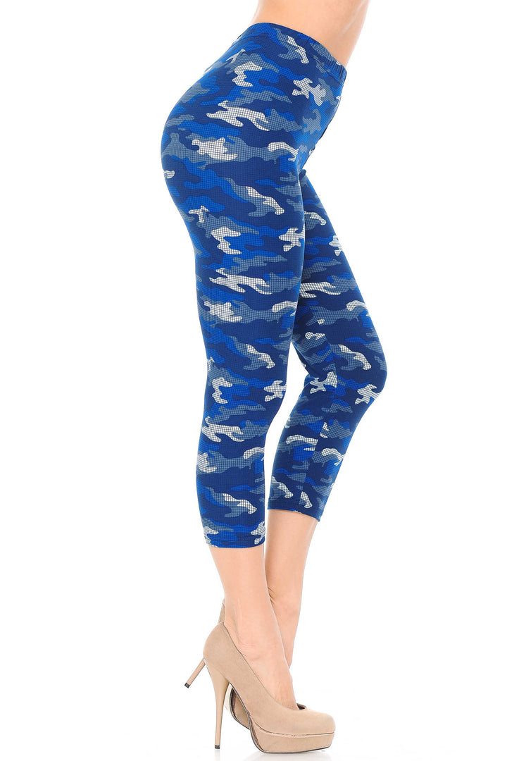 Wholesale Buttery Smooth Blue Grid Camouflage Capris