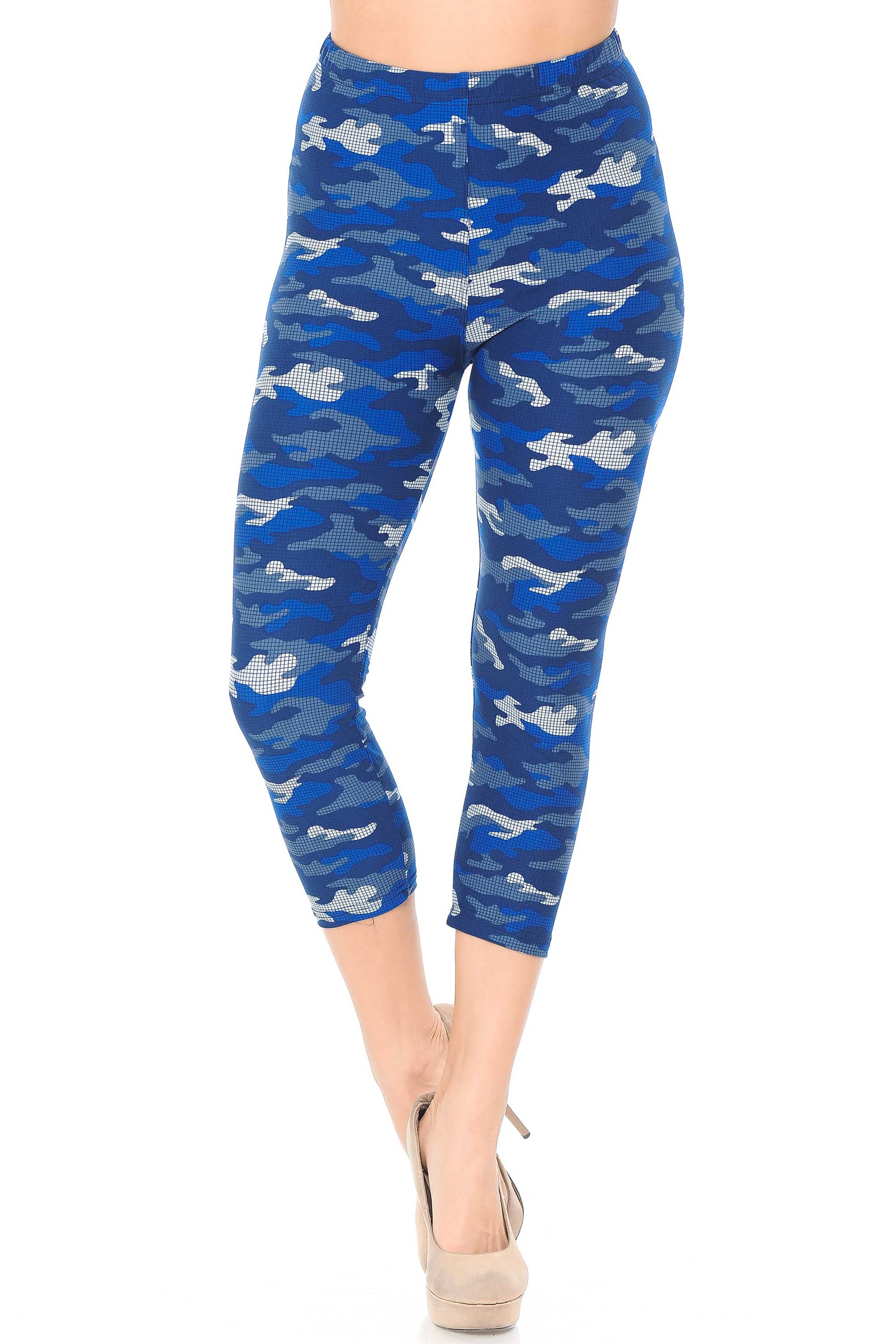 Wholesale Buttery Smooth Blue Grid Camouflage Capris