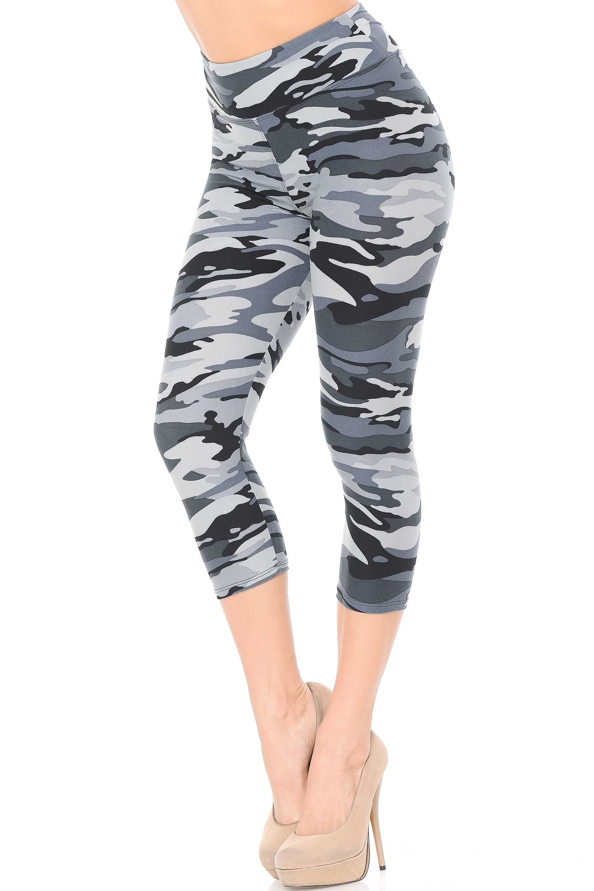 Wholesale Buttery Smooth Charcoal Camouflage High Waist Capris - 3 Inch