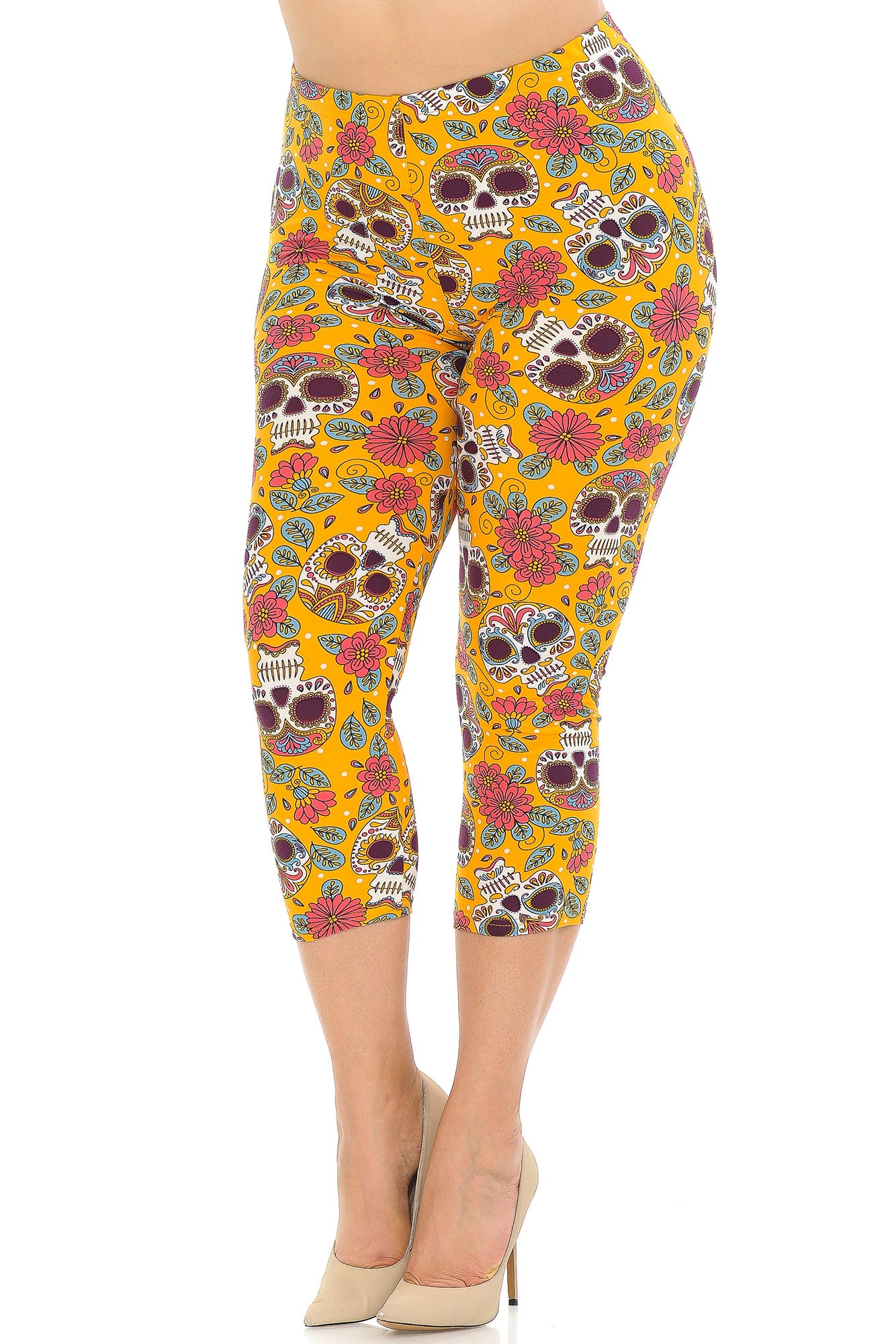 Wholesale Buttery Smooth Mustard Summer Sugar Skull Plus Size Capris
