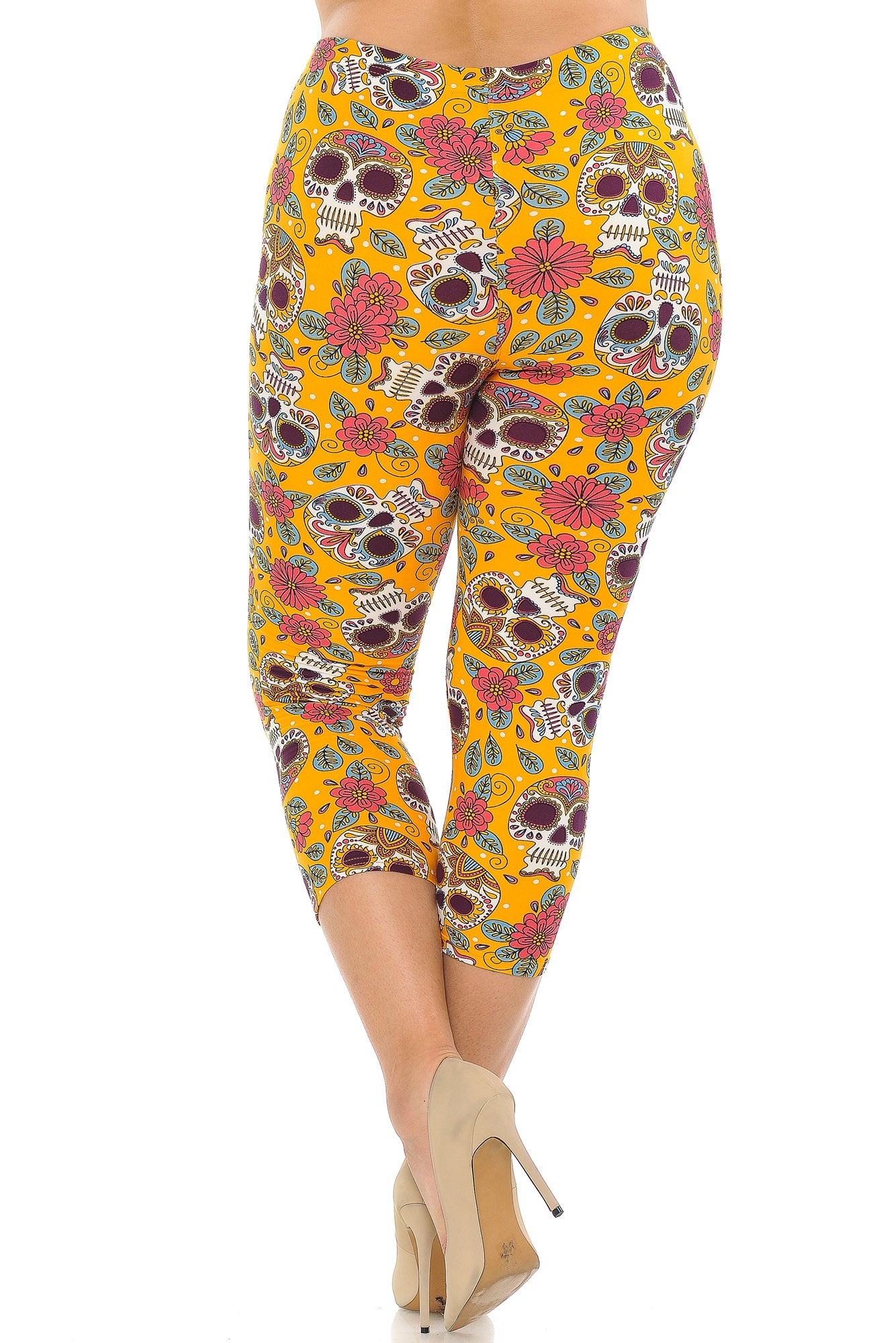 Wholesale Buttery Smooth Mustard Summer Sugar Skull Plus Size Capris