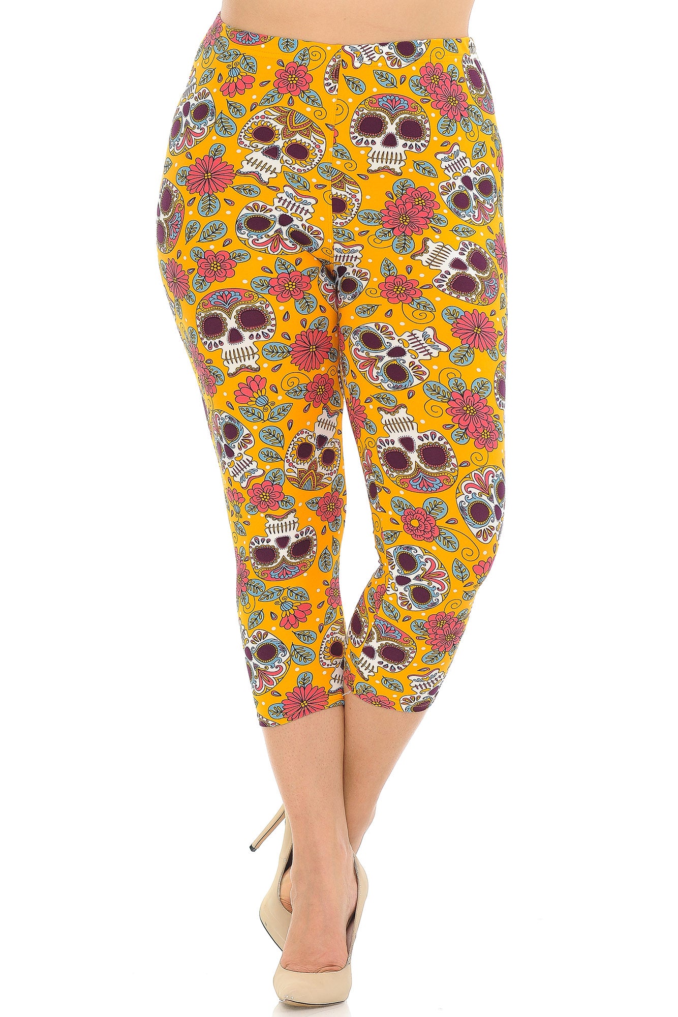 Wholesale Buttery Smooth Mustard Summer Sugar Skull Plus Size Capris