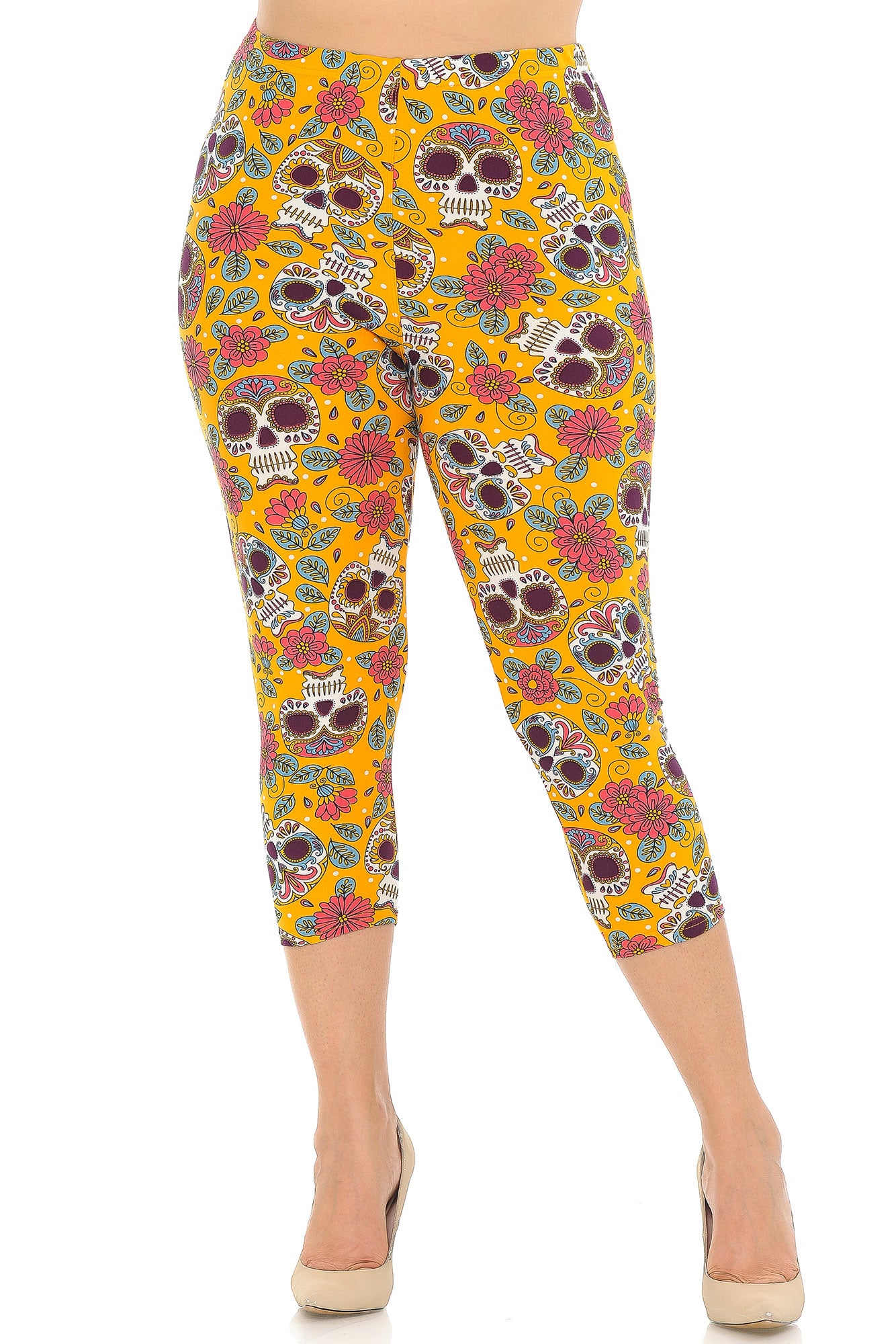 Wholesale Buttery Smooth Mustard Summer Sugar Skull Plus Size Capris