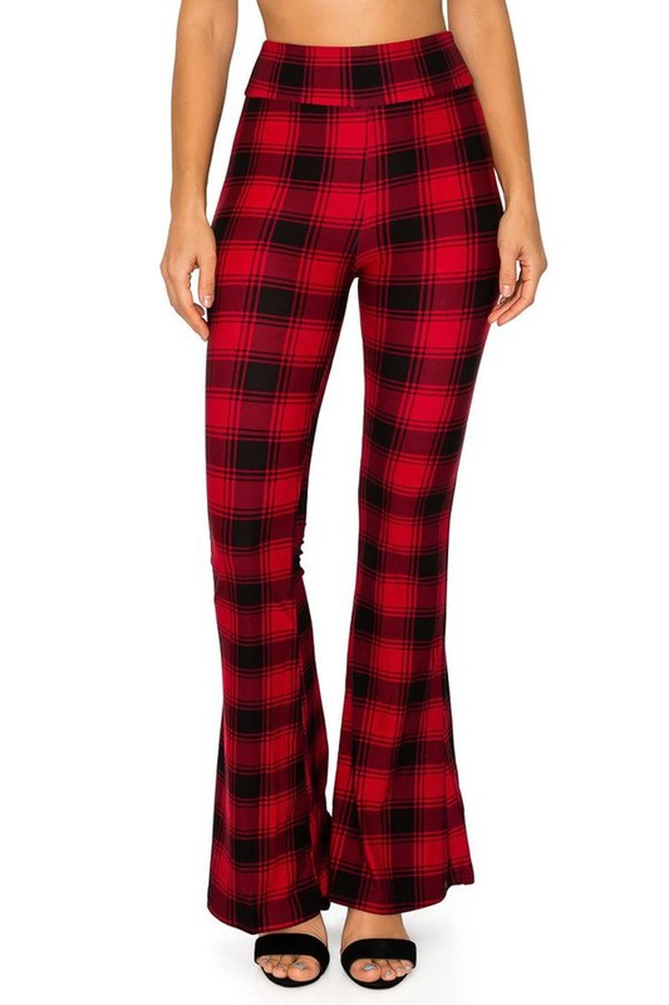 Wholesale Buttery Smooth Red and Black Plaid Bell Bottom Leggings