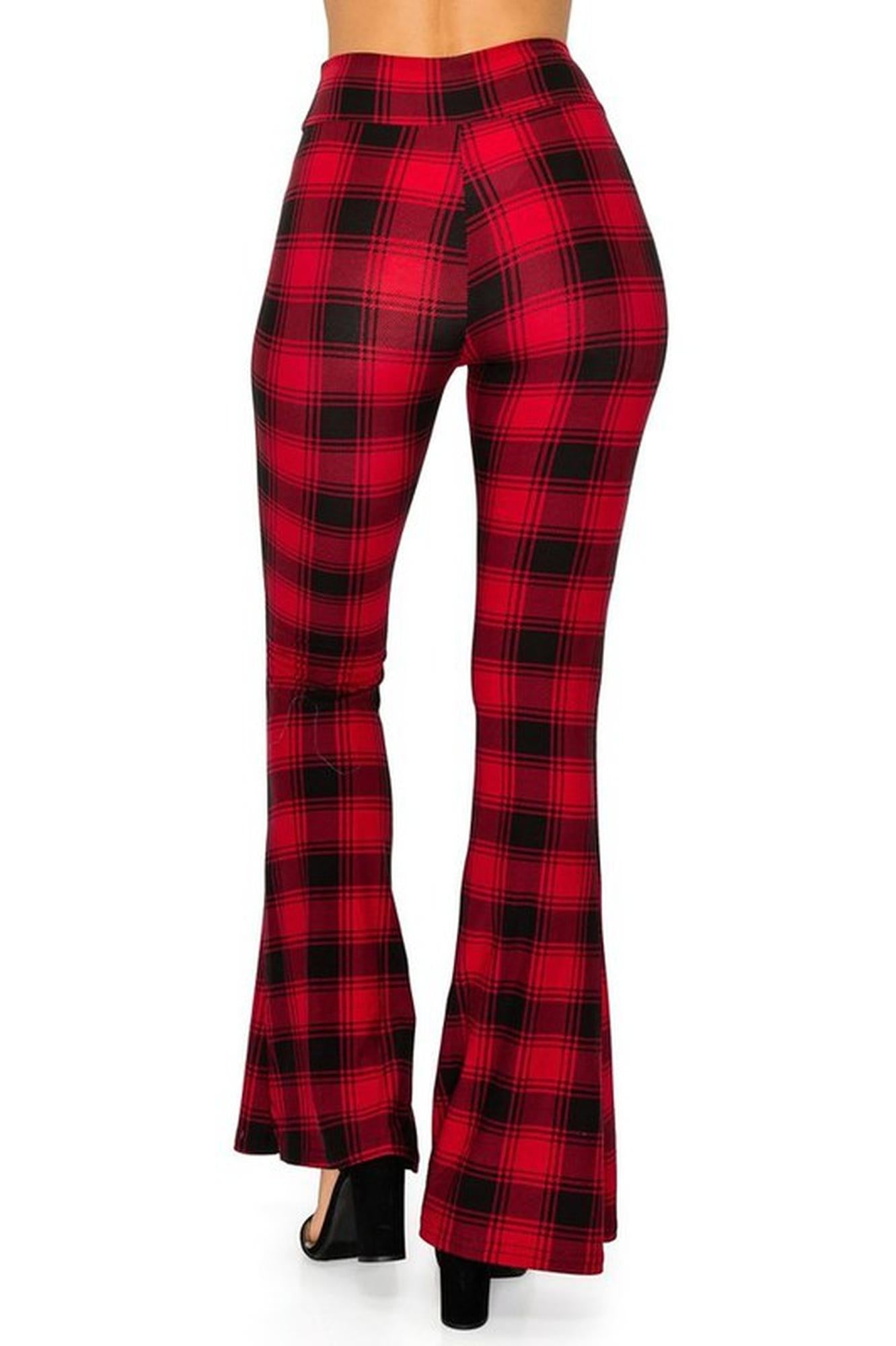 Wholesale Buttery Smooth Red and Black Plaid Bell Bottom Leggings
