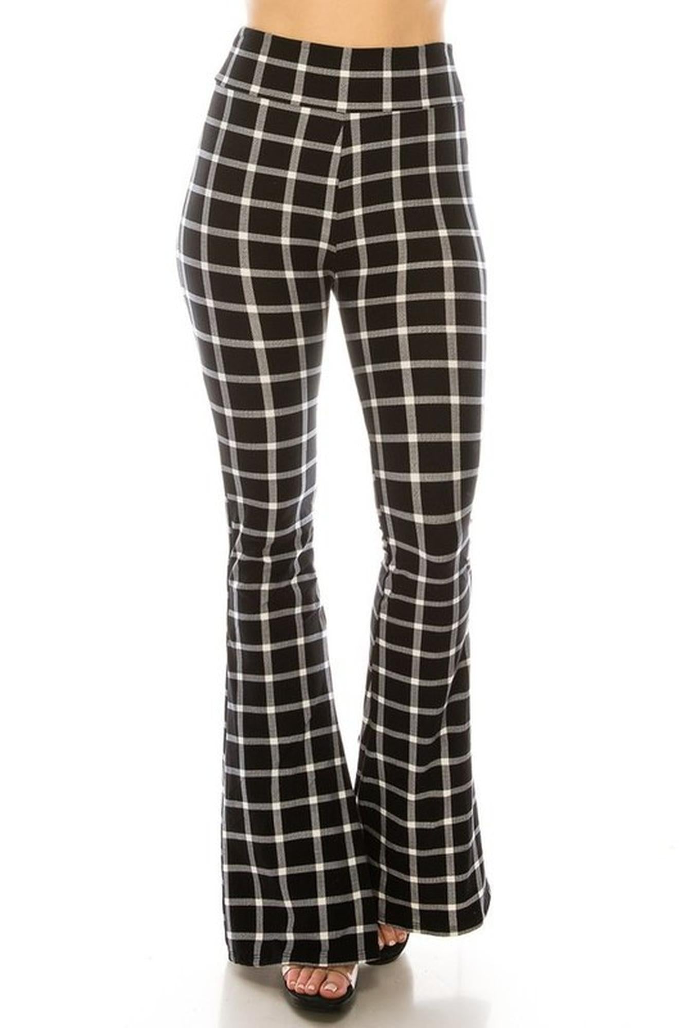 Wholesale Buttery Smooth Black and White Simple Plaid Bell Bottom Leggings