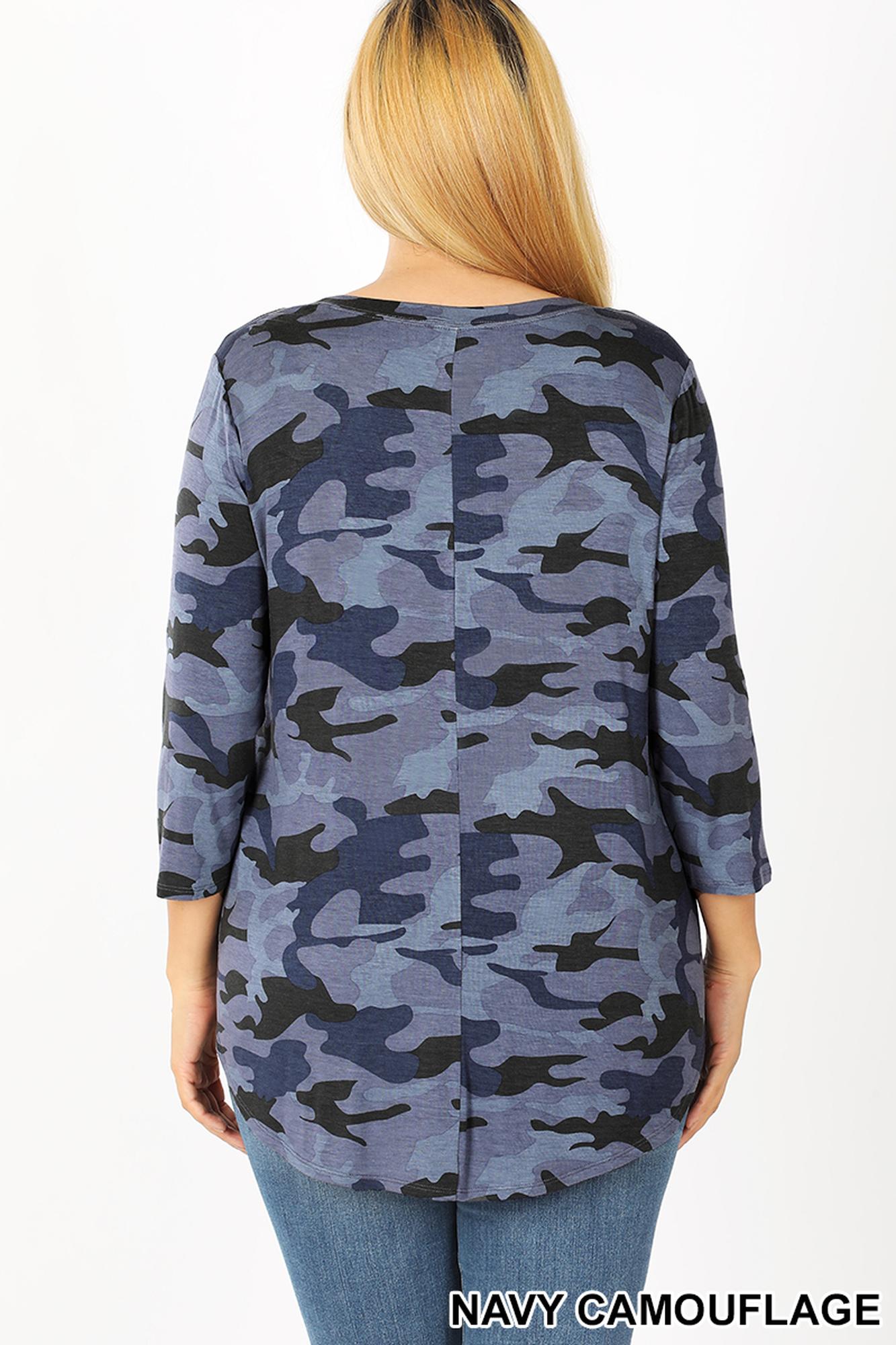 Wholesale Rayon Camouflage 3/4 Sleeve Round Neck & Hem Top