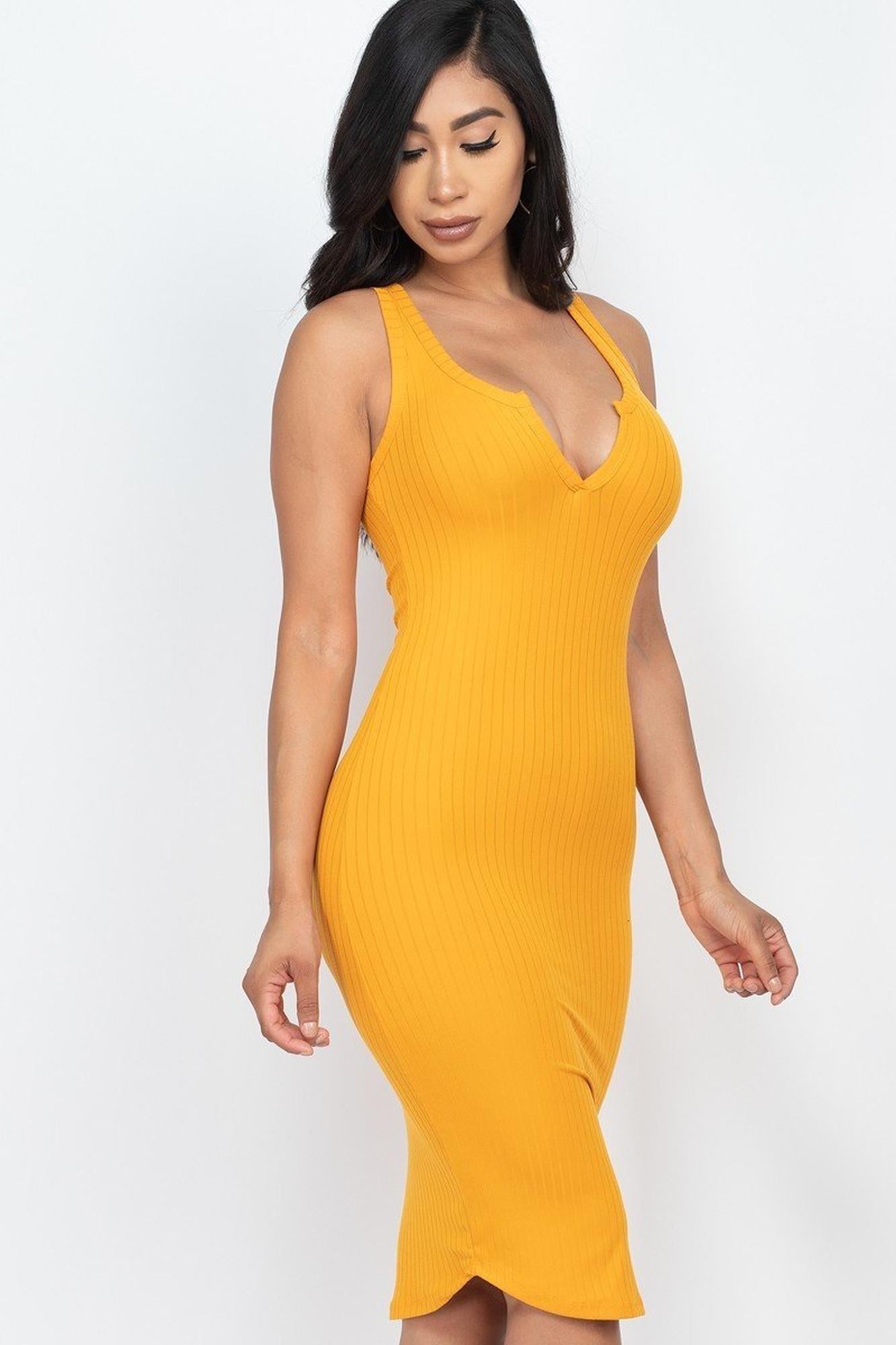 Wholesale Sleeveless Split V Neckline Rib Knit Bodycon Midi Dress